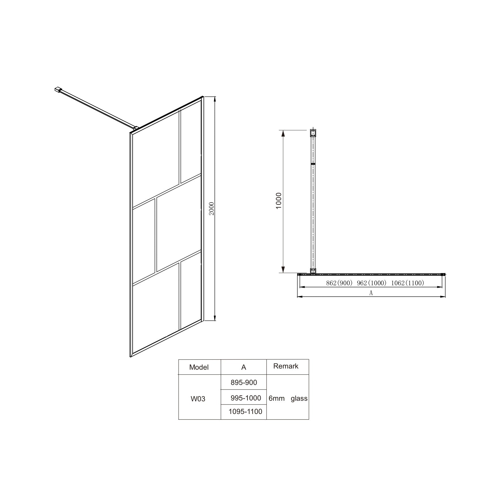 COVEY FRAMED WALK IN SINGLE PANEL WITH SUPPORT BAR SHOWER SCREEN MATTE BLACK