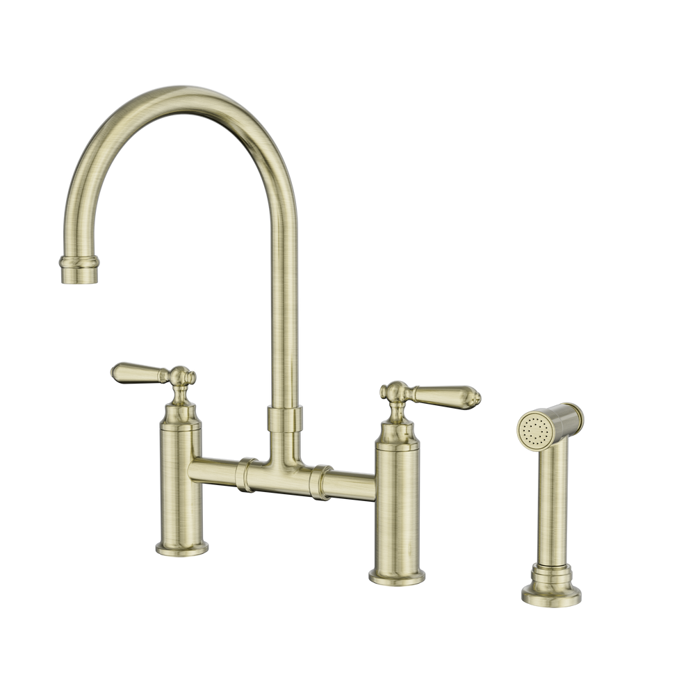 NERO YORK BRIDGE KITCHEN SET WITH HAND SPRAY 385MM AGED BRASS