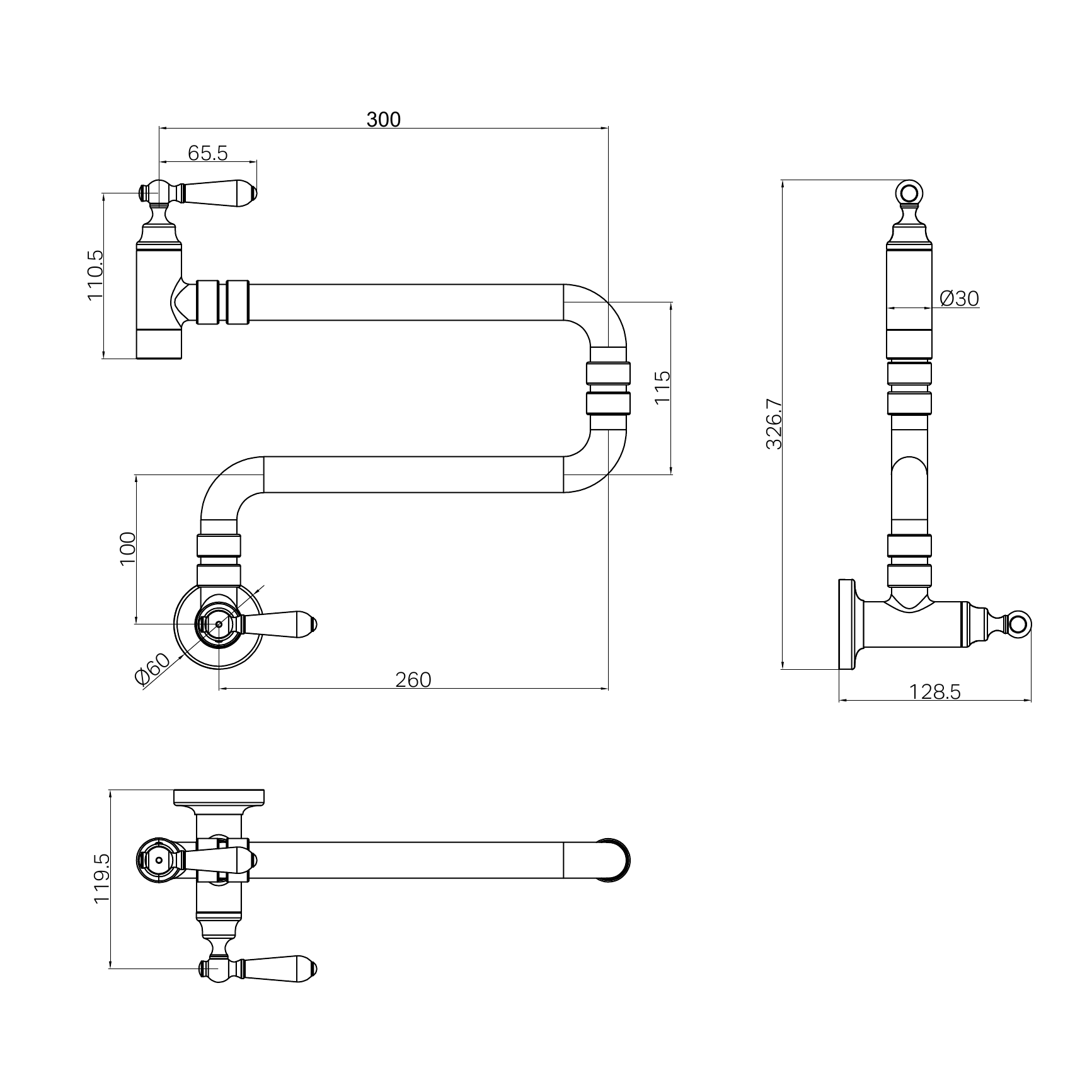 NERO YORK LEAD FREE WALL MOUNTED POT FILLER 300MM AGED BRASS