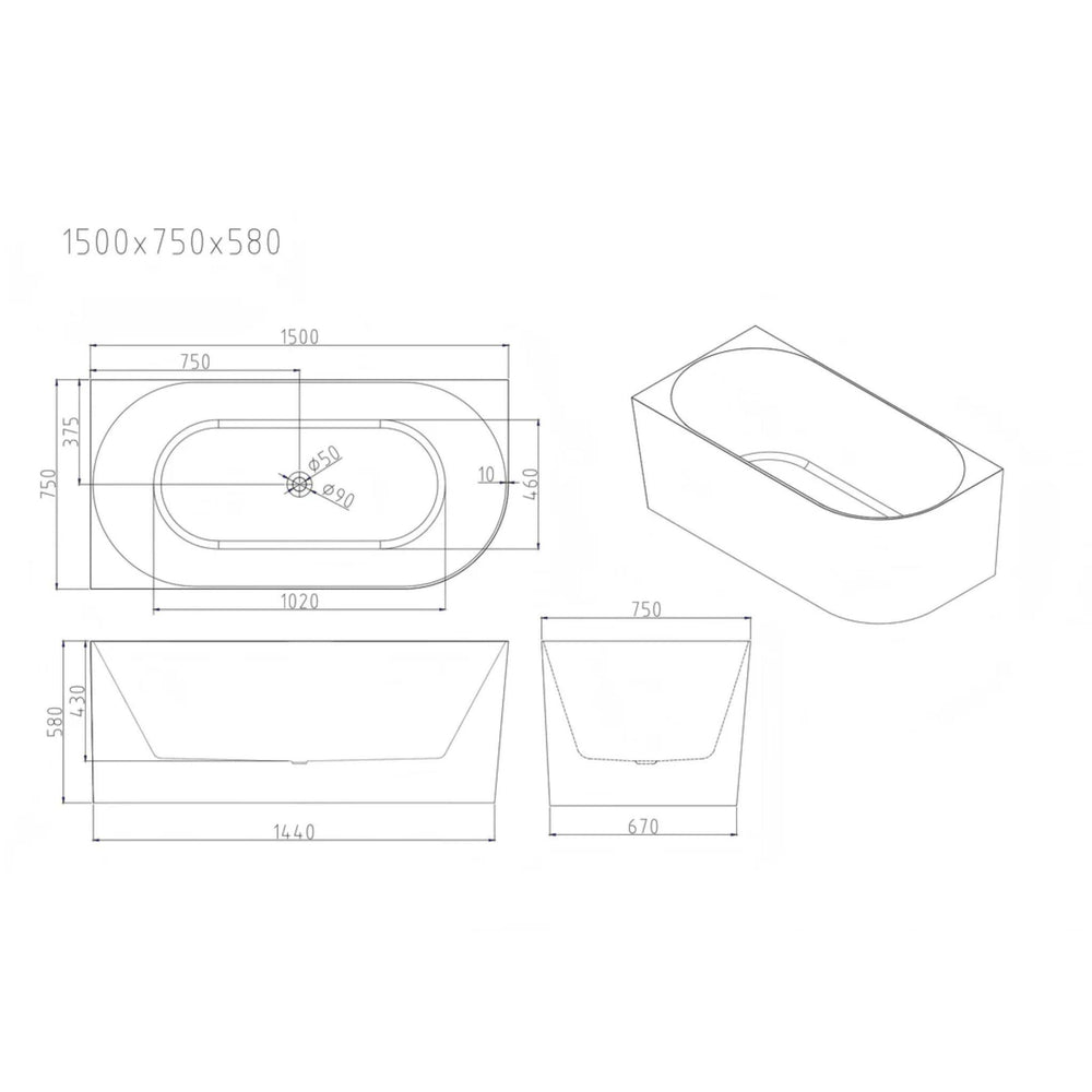 MERCIO NOVA ULTRA THIN LEFT CORNER BATHTUB GLOSS WHITE (AVAILABLE IN 1400MM, 1500MM AND 1700MM)