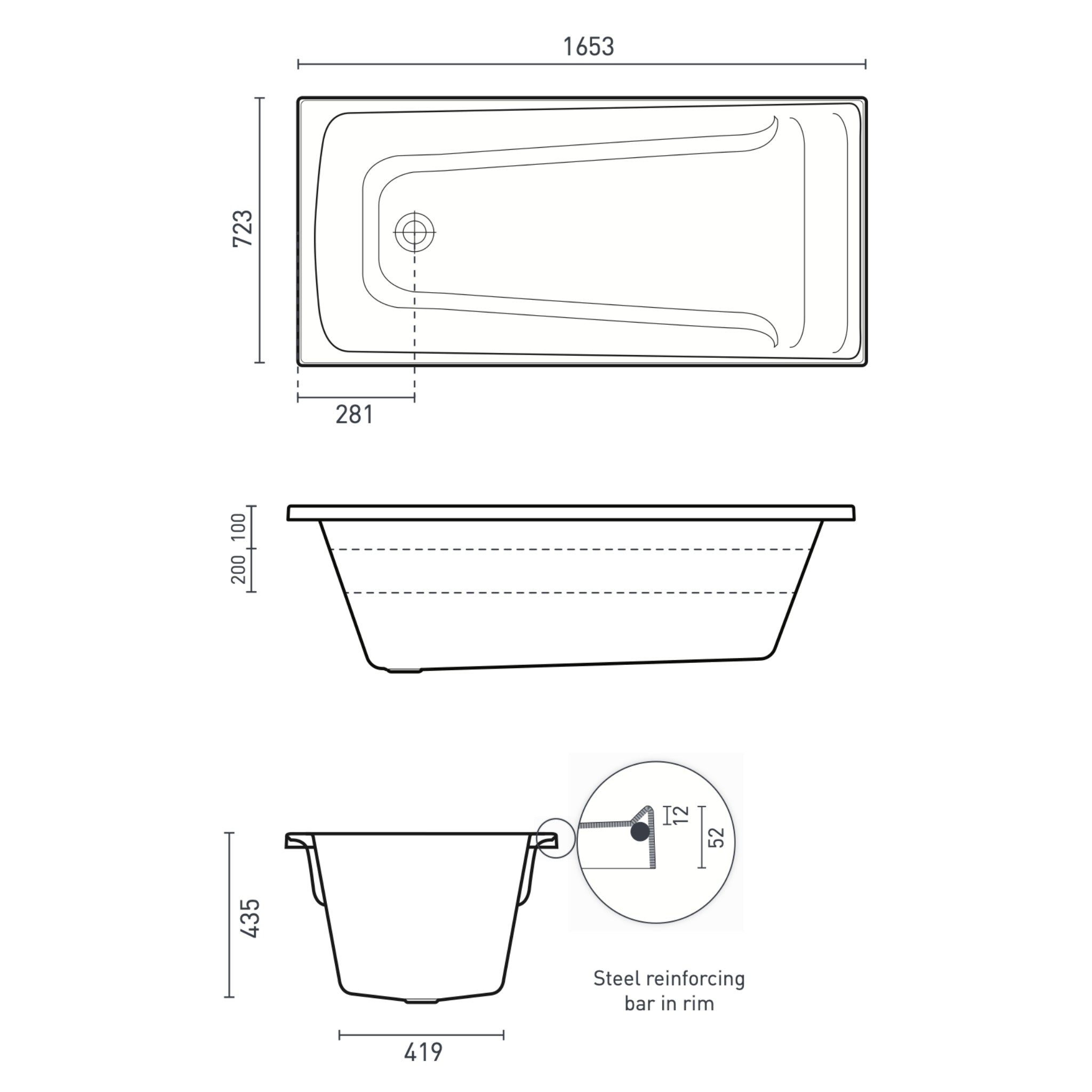 DECINA NOVARA INSET BATH GLOSS WHITE (AVAILABLE IN 1525MM, 1650MM AND 1665MM)