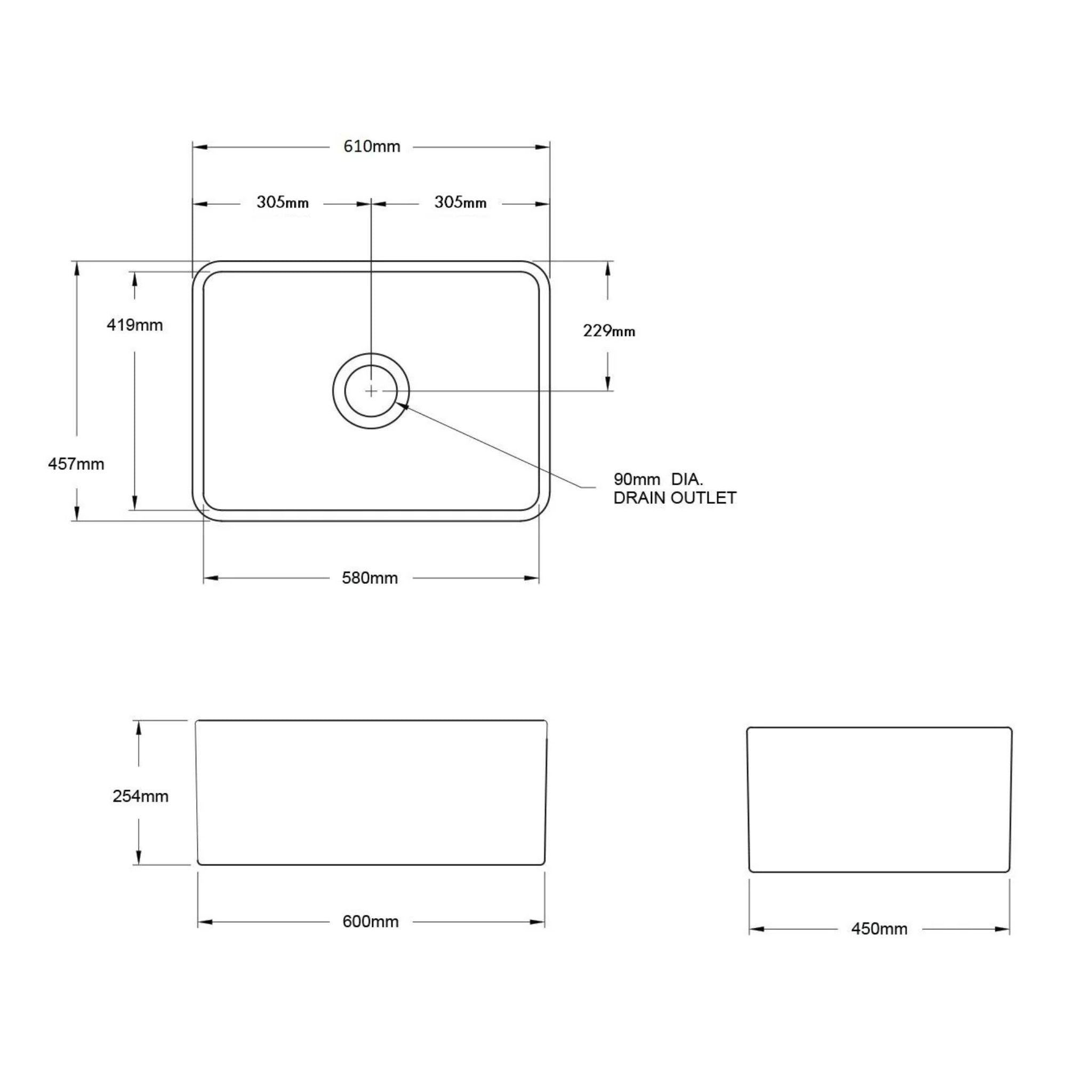 TURNER HASTINGS NOVI FARMHOUSE BUTLER SINK WITH OVERFLOW GLOSS WHITE 600MM