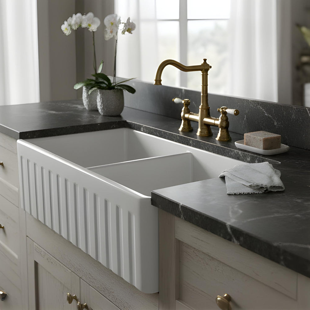 TURNER HASTINGS NOVI FIRECLAY DOUBLE BOWL FARMHOUSE BUTLER SINK MATTE WHITE 840MM