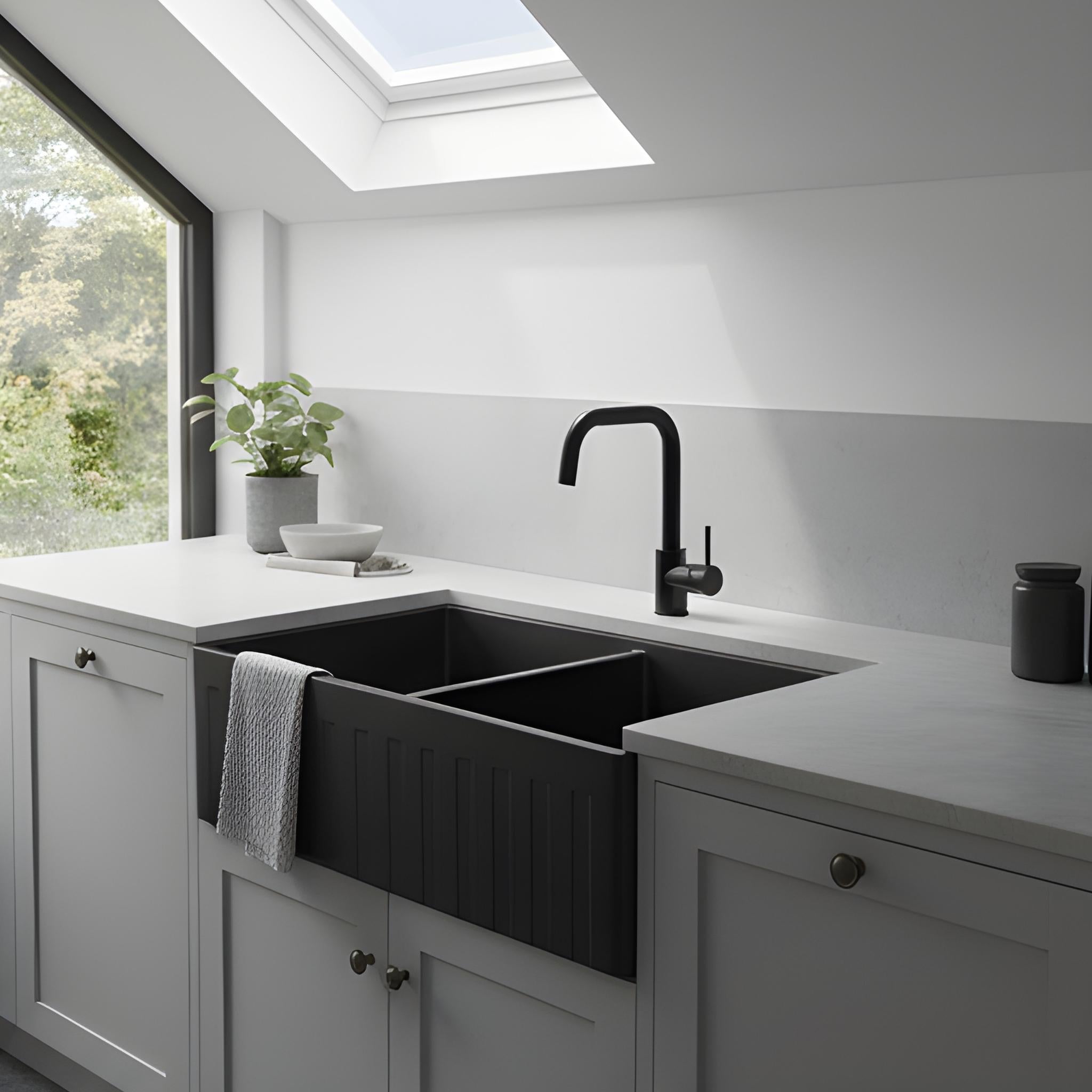 TURNER HASTINGS NOVI FIRECLAY DOUBLE BOWL FARMHOUSE BUTLER SINK WITH OVERFLOW MATTE BLACK 840MM
