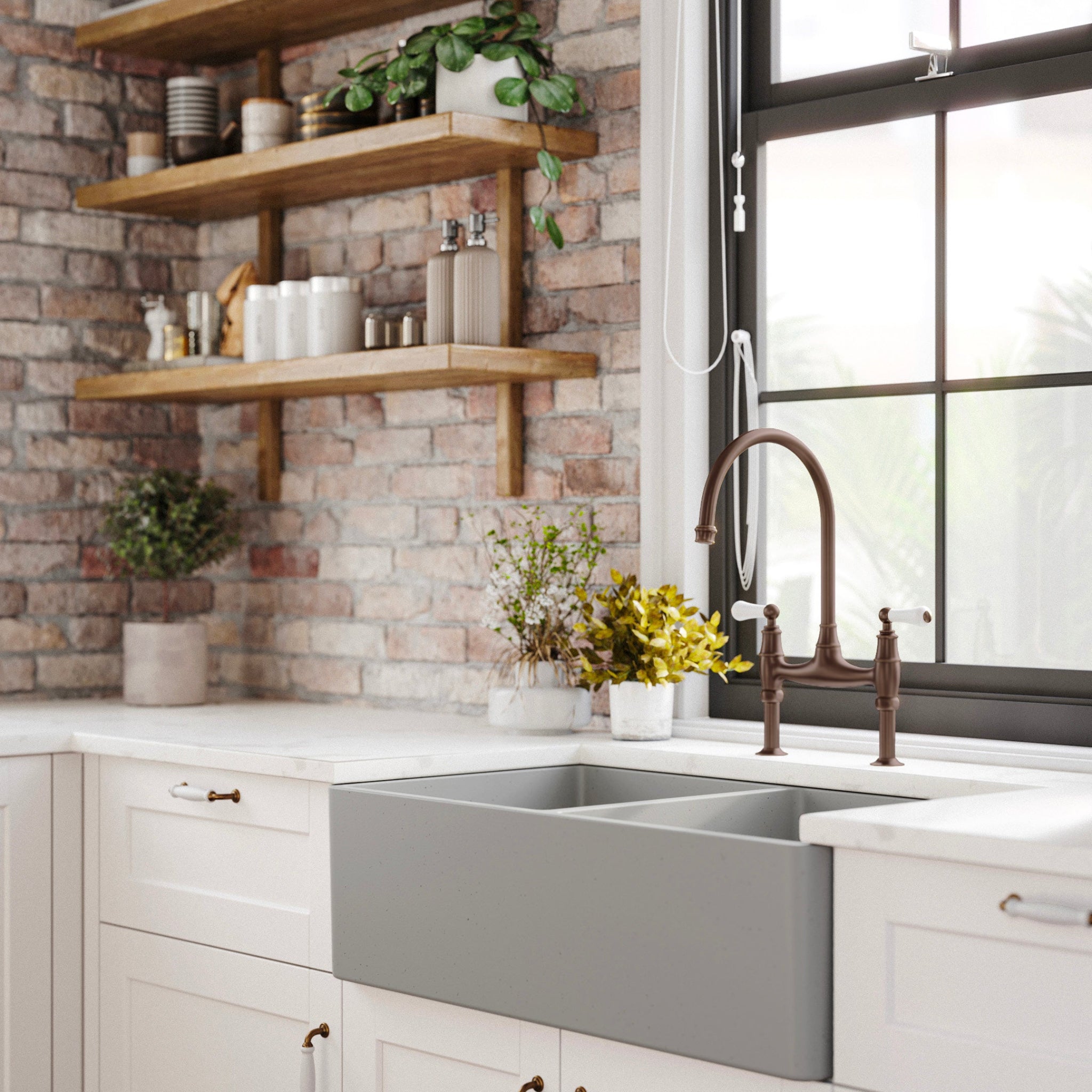 TURNER HASTINGS NOVI FARMHOUSE DOUBLE BOWL BUTLER SINK CONCRETE LOOK 850MM