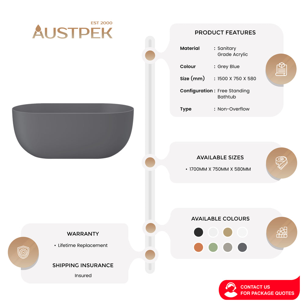 LINSOL NORA FREESTANDING BATHTUB GREY BLUE (AVAILABLE IN 1500MM AND 1700MM)