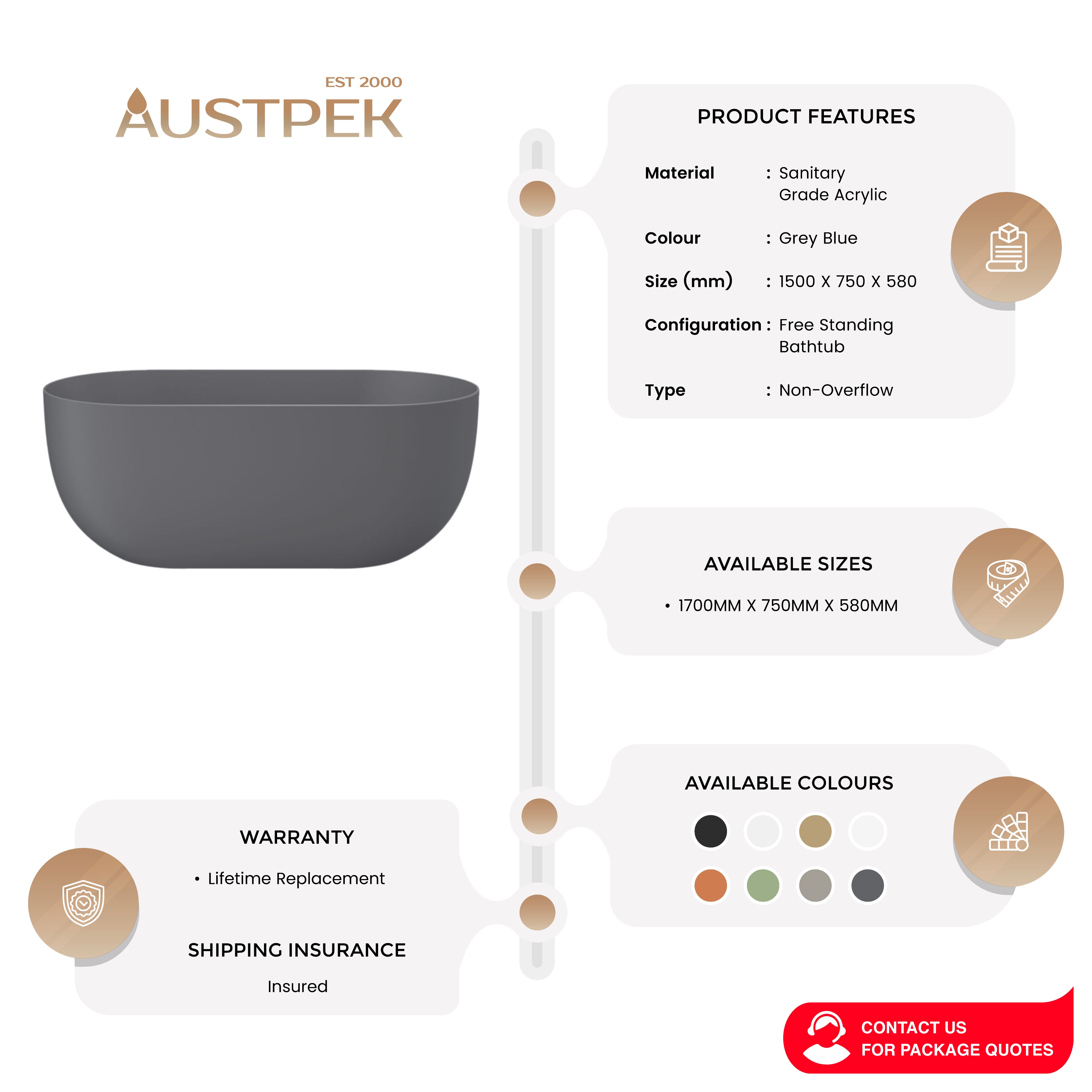 LINSOL NORA FREESTANDING BATHTUB GREY BLUE (AVAILABLE IN 1500MM AND 1700MM)