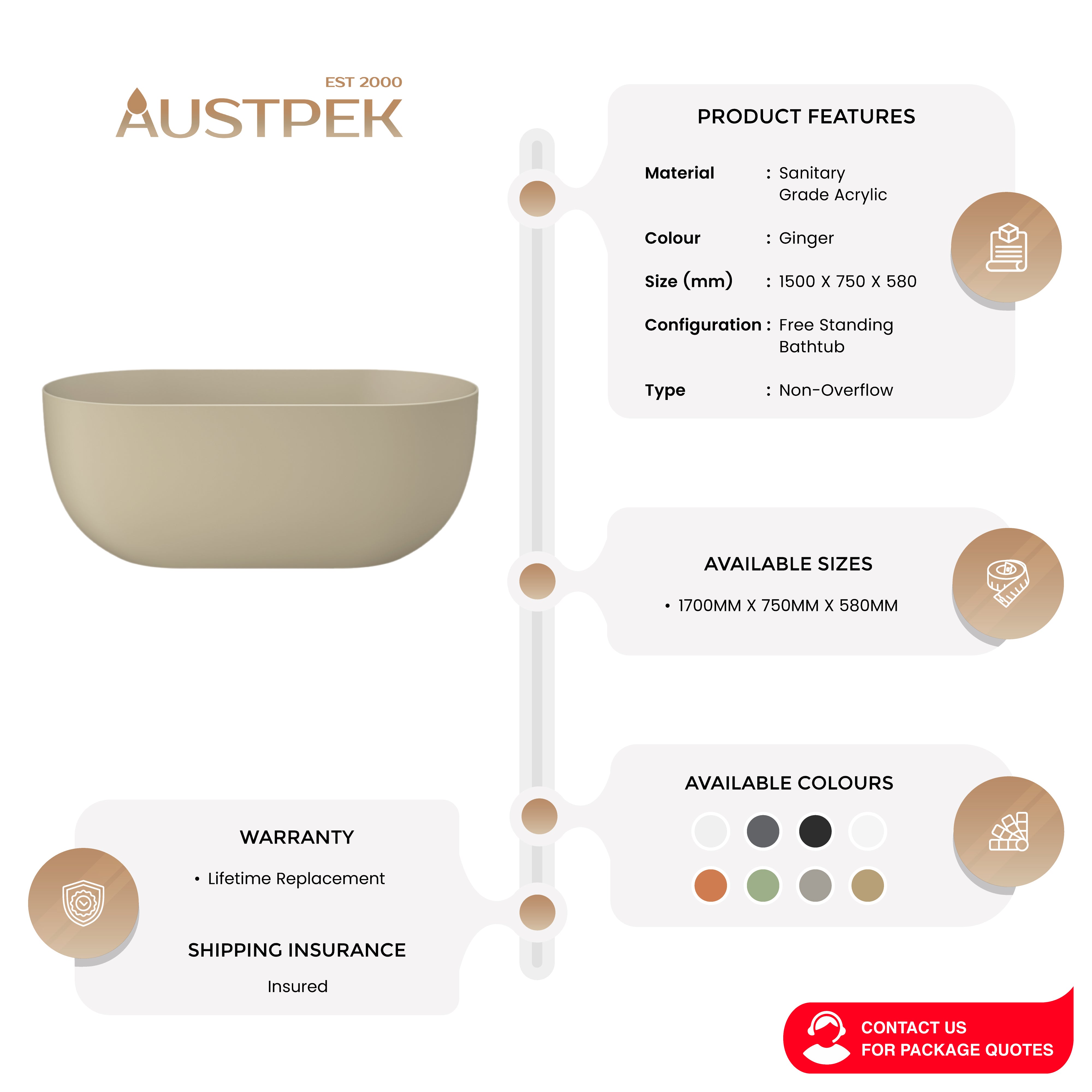 LINSOL NORA FREESTANDING BATHTUB GINGER (AVAILABLE IN 1500MM AND 1700MM)