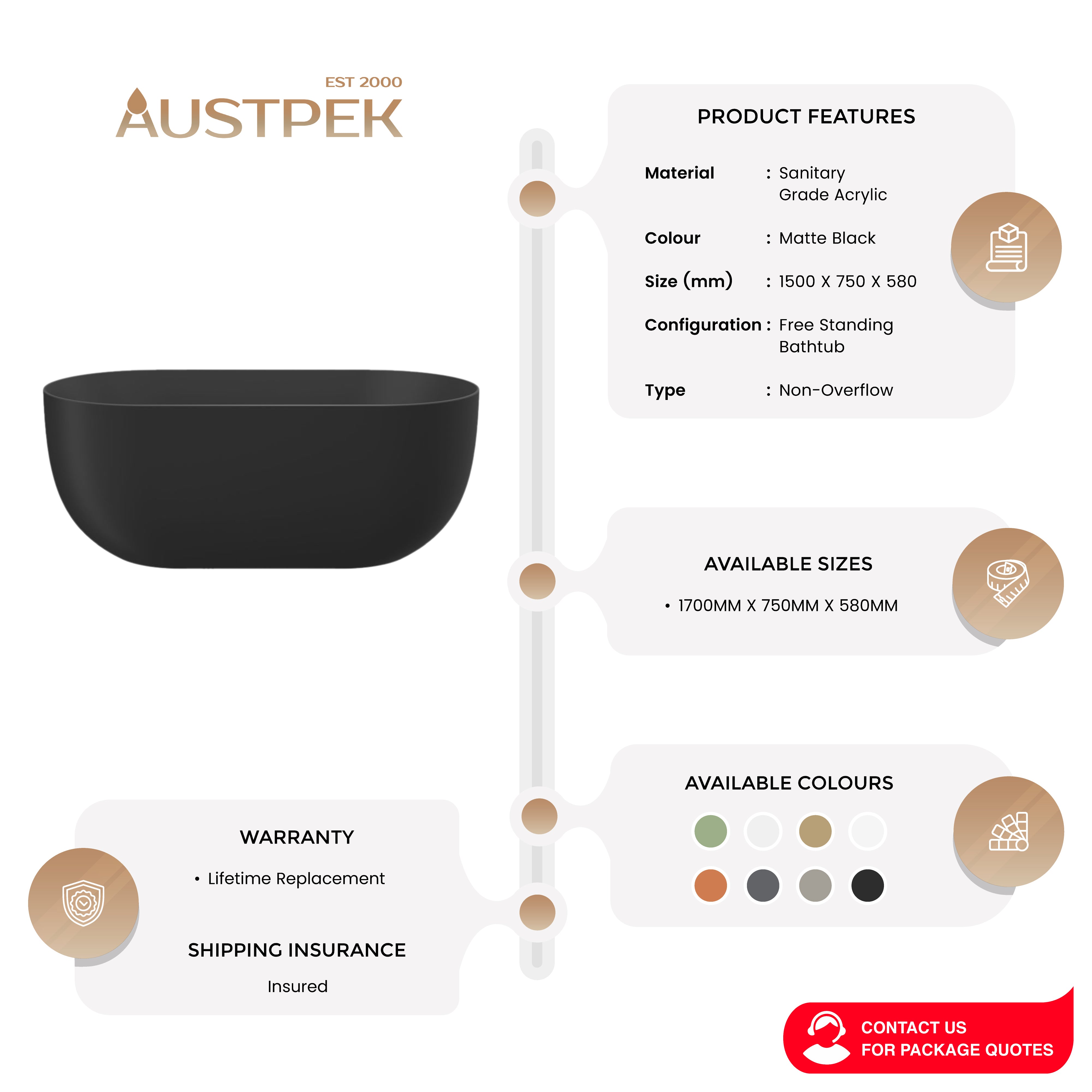 LINSOL NORA FREESTANDING BATHTUB MATTE BLACK (AVAILABLE IN 1500MM AND 1700MM)