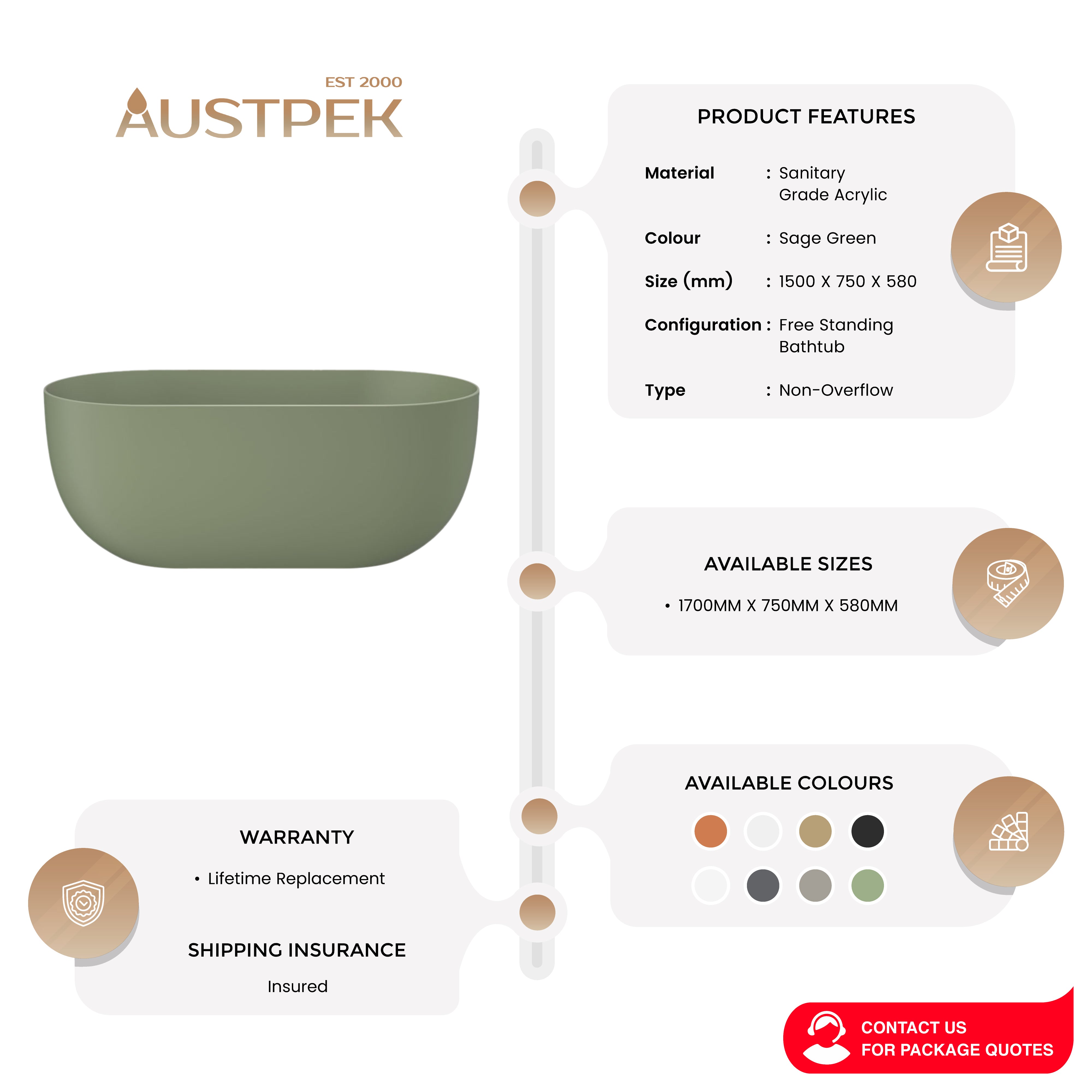 LINSOL NORA FREESTANDING BATHTUB SAGE GREEN (AVAILABLE IN 1500MM AND 1700MM)