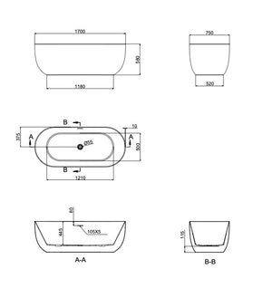 Linsol Nora Freestanding Bath 1700mm line drawing