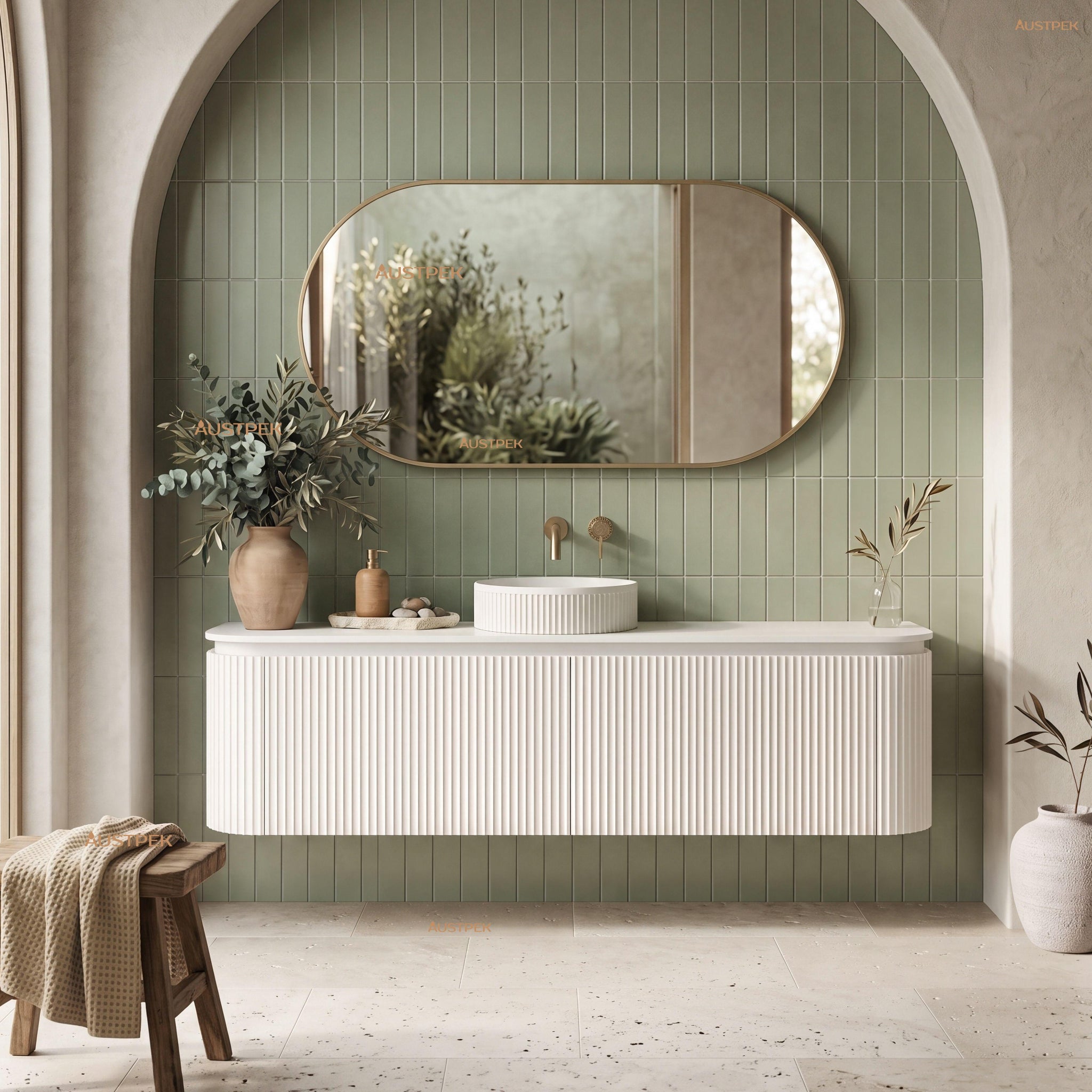 VITO NOOSA MATTE WHITE 1500MM FLUTED CURVED SINGLE BOWL WALL HUNG VANITY