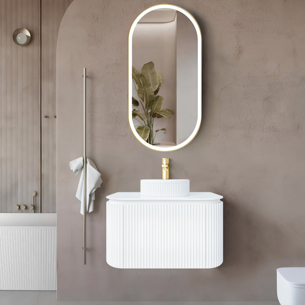 VITO NOOSA MATTE WHITE 600MM FLUTED CURVED SINGLE BOWL WALL HUNG VANITY