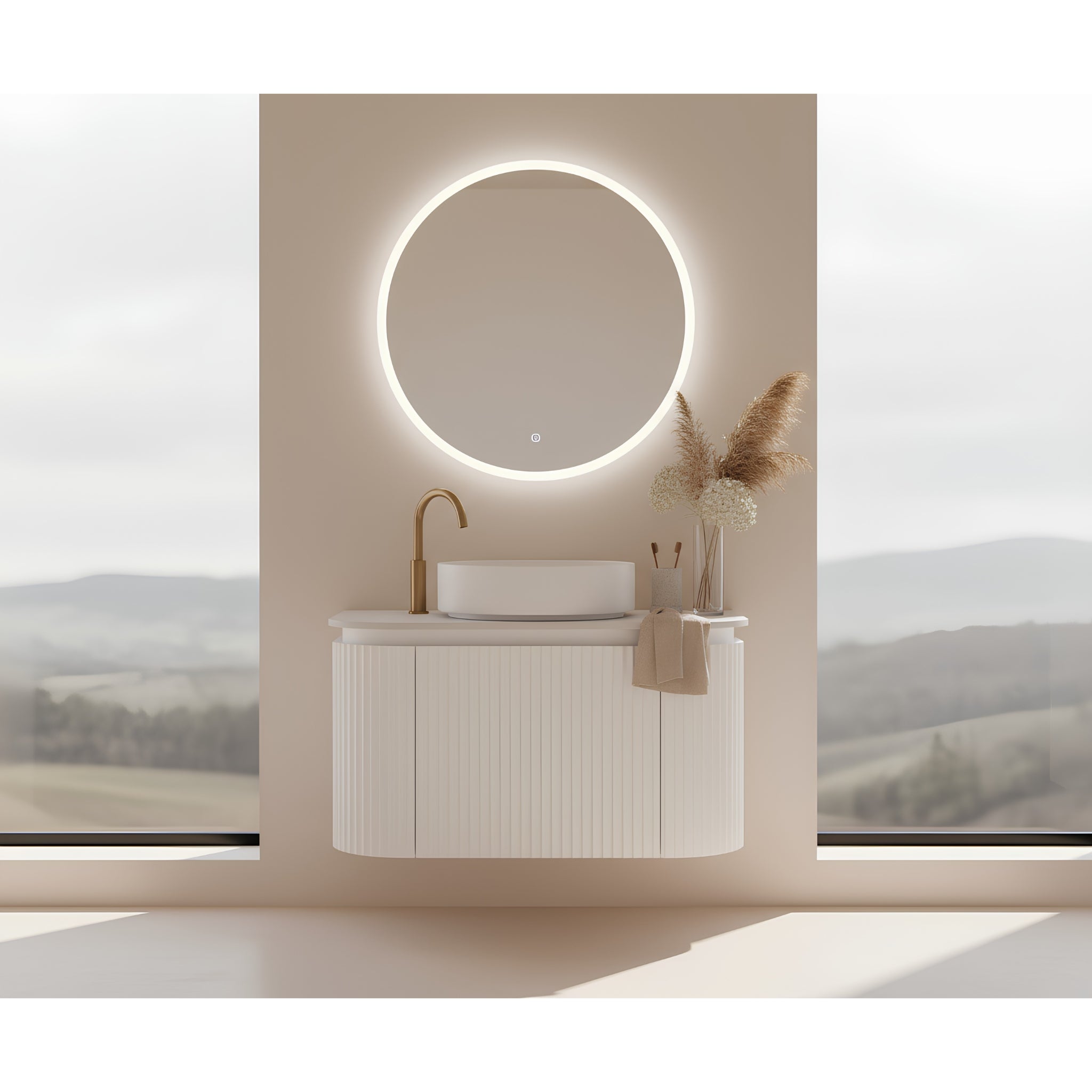 VITO NOOSA MATTE WHITE 900MM FLUTED CURVED SINGLE BOWL WALL HUNG VANITY