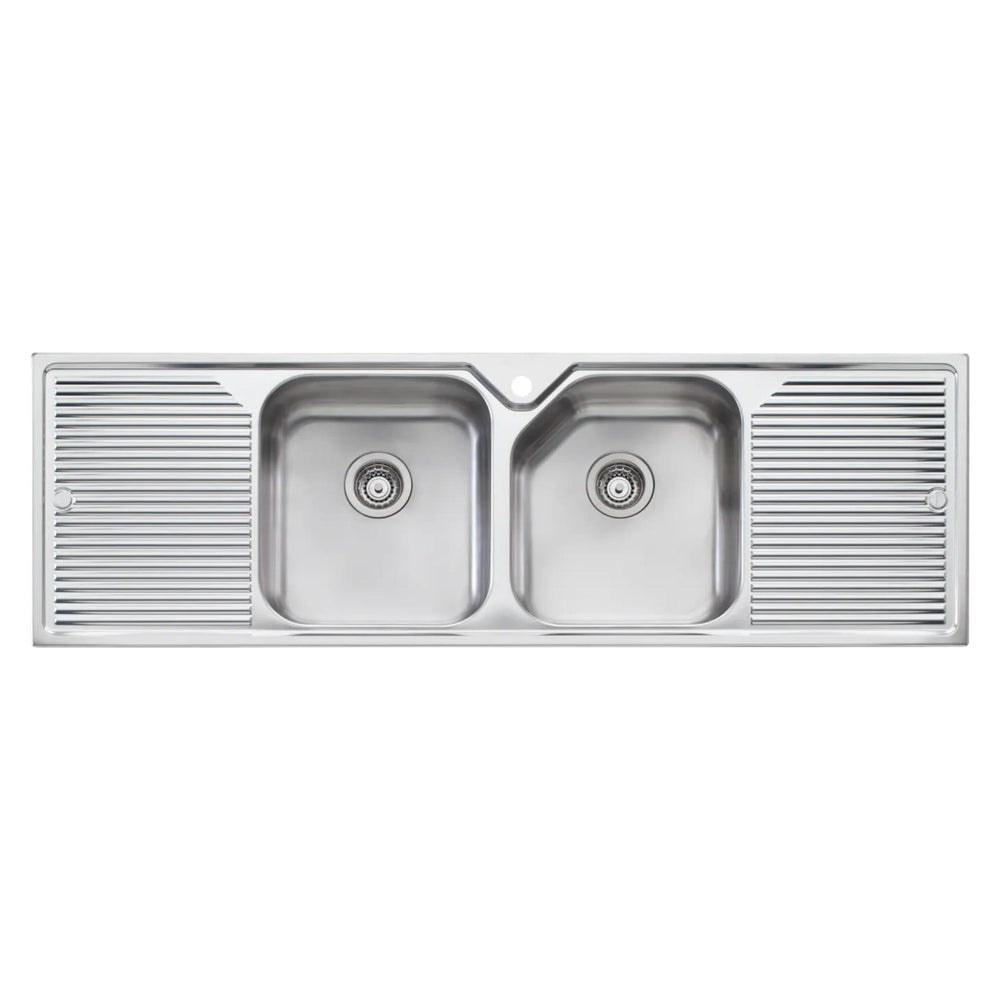 OLIVERI NU-PETITE DOUBLE BOWL TOPMOUNT KITCHEN SINK WITH TAPHOLE & DOUBLE DRAINER STAINLESS STEEL 1550MM