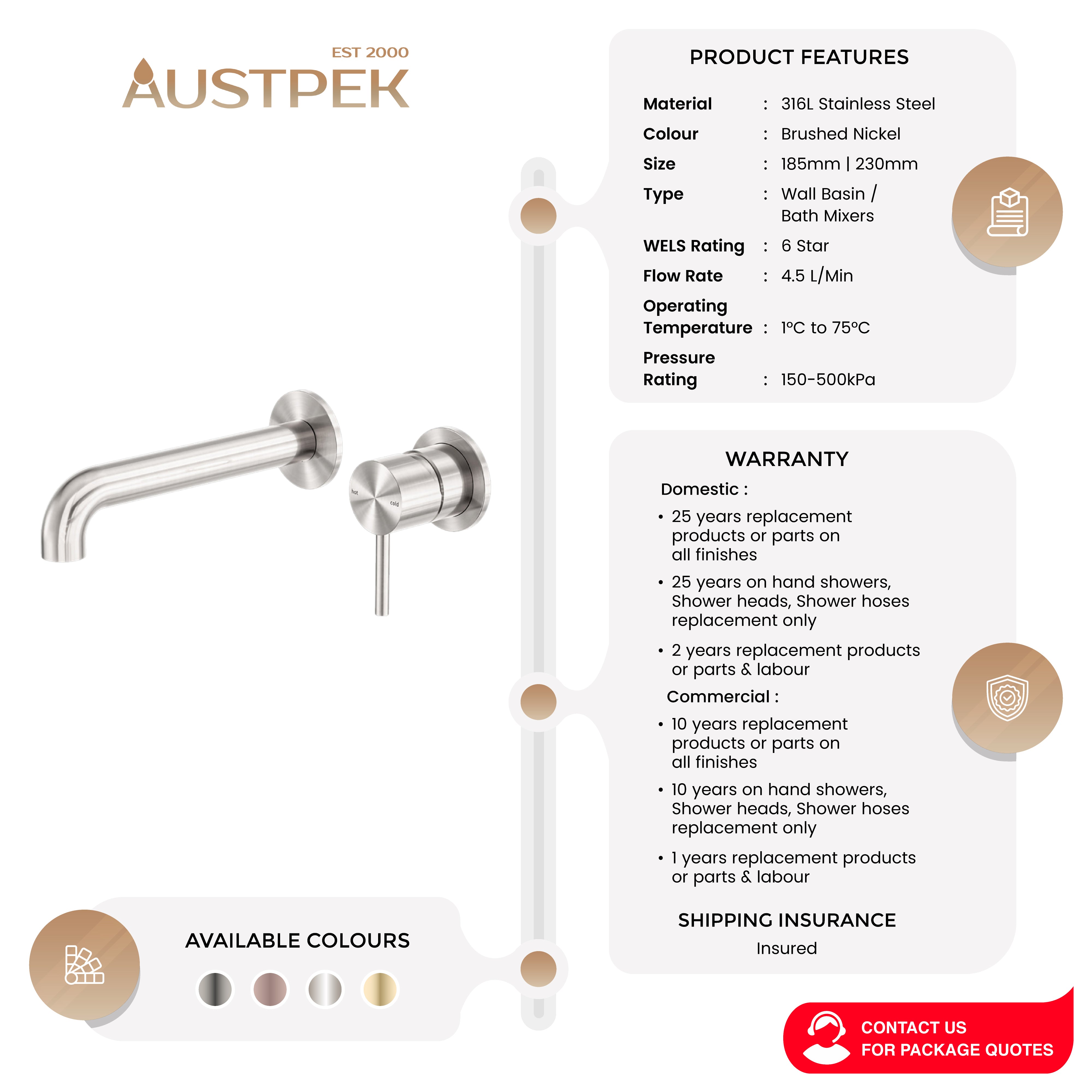 NERO ZEN WALL BASIN/BATH MIXER SEPARATE BACK PLATE 185/230MM SPOUT BRUSHED NICKEL