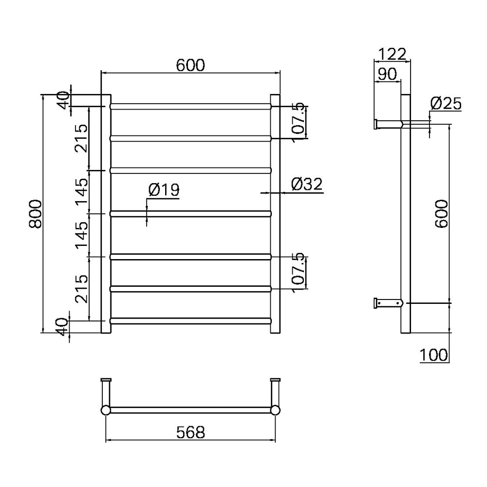 NERO MECCA 7-BAR LADDER HEATED TOWEL BRUSHED NICKEL 800MM
