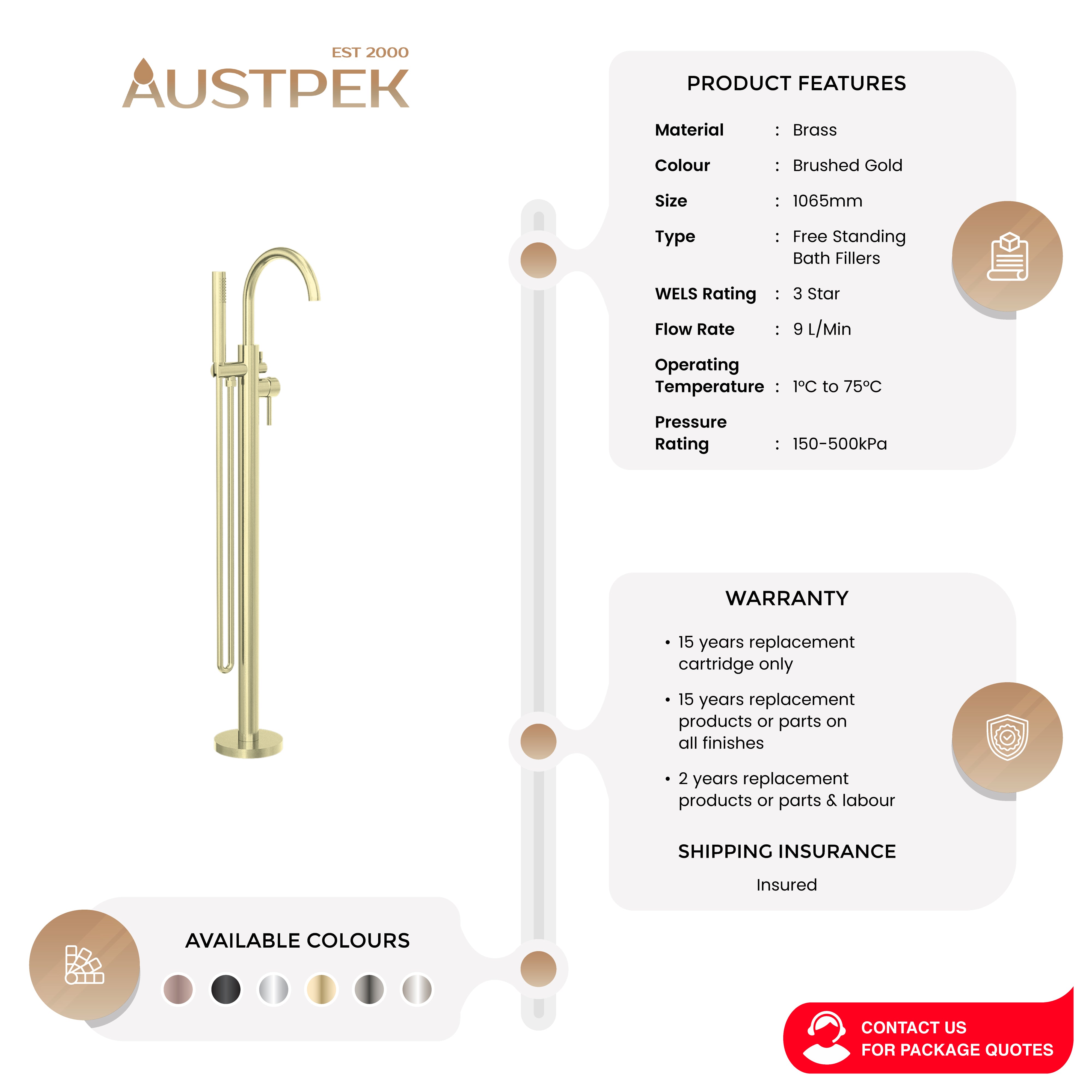 NERO MECCA FREESTANDING MIXER WITH HAND SHOWER 1065MM BRUSHED GOLD