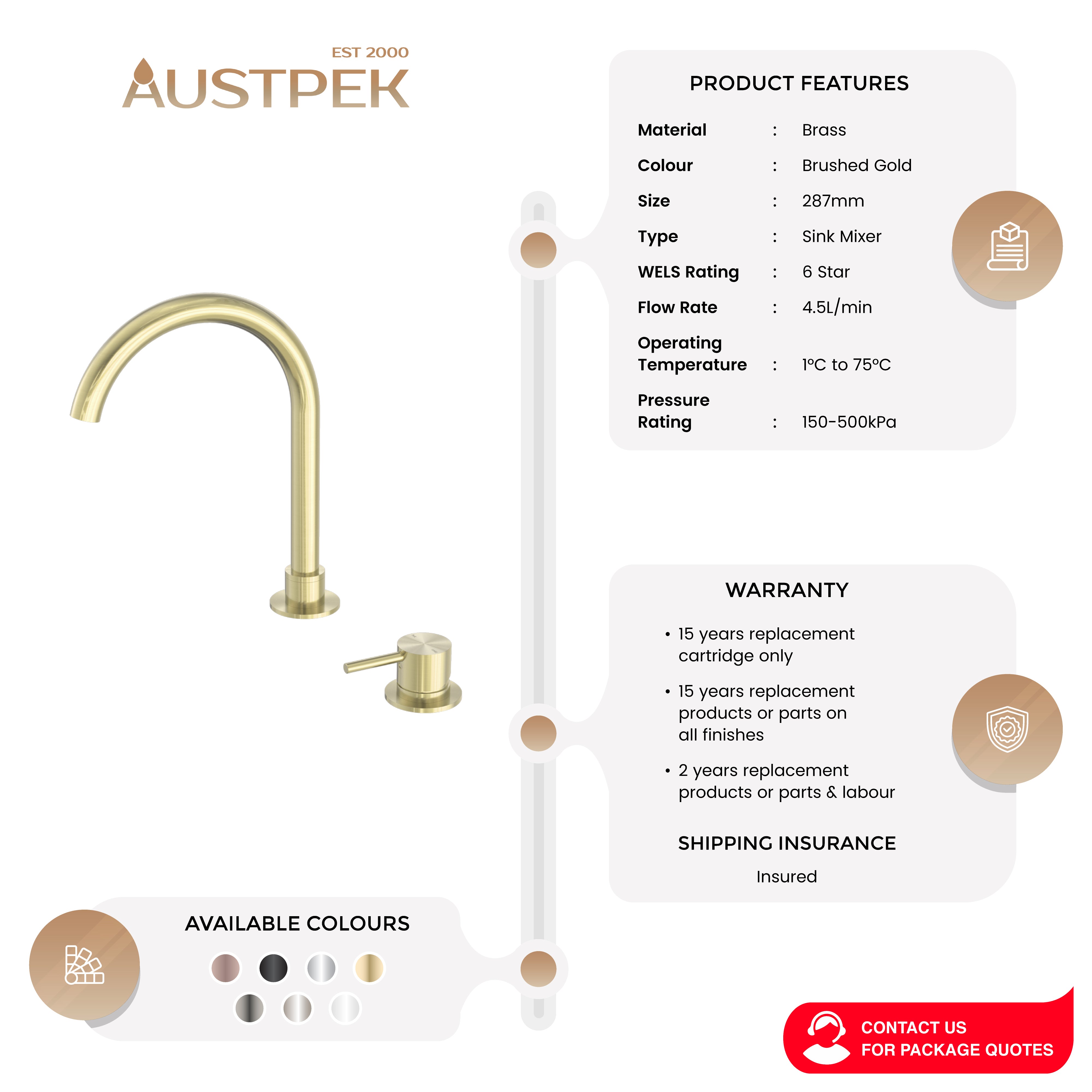 NERO MECCA HOB BASIN MIXER ROUND SWIVEL SPOUT BRUSHED GOLD