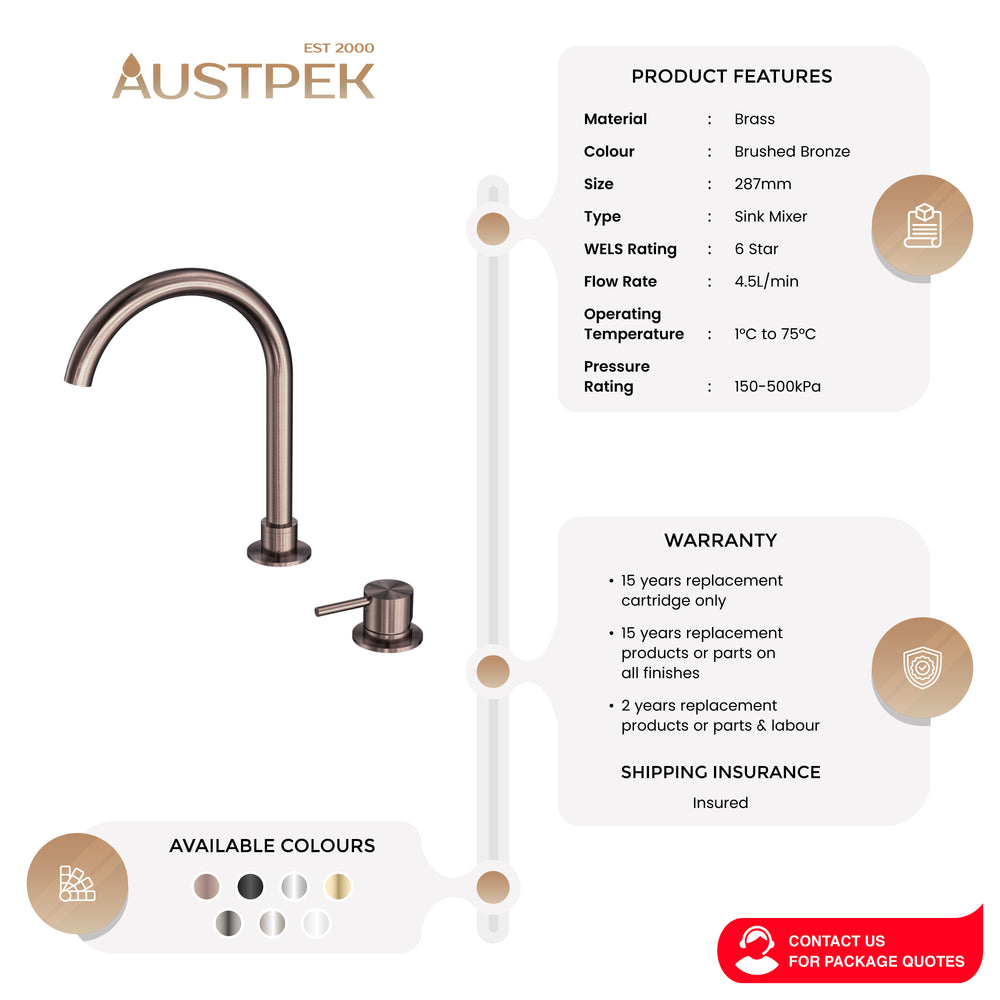 NERO MECCA HOB BASIN MIXER ROUND SWIVEL SPOUT BRUSHED BRONZE