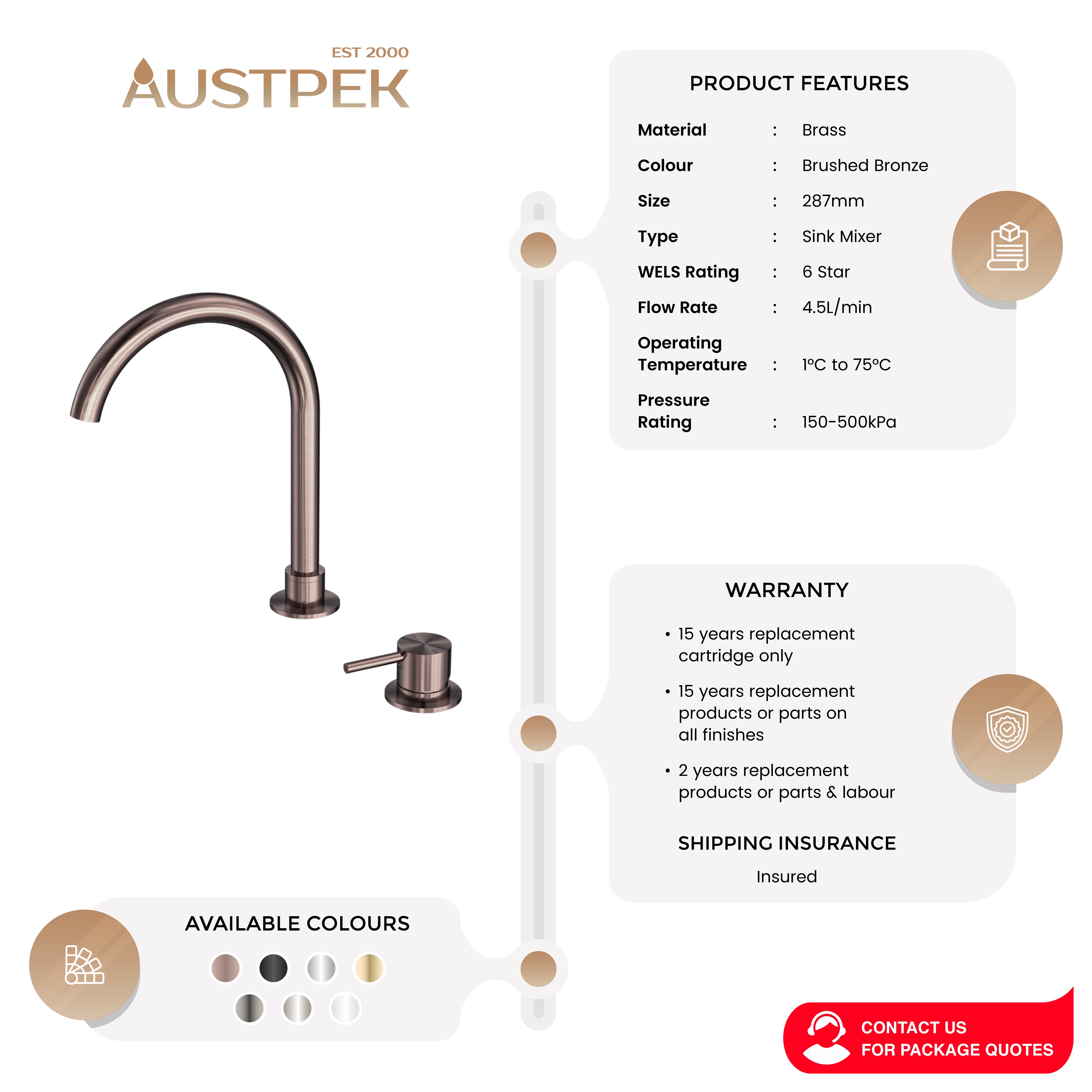 NERO MECCA HOB BASIN MIXER ROUND SWIVEL SPOUT BRUSHED BRONZE