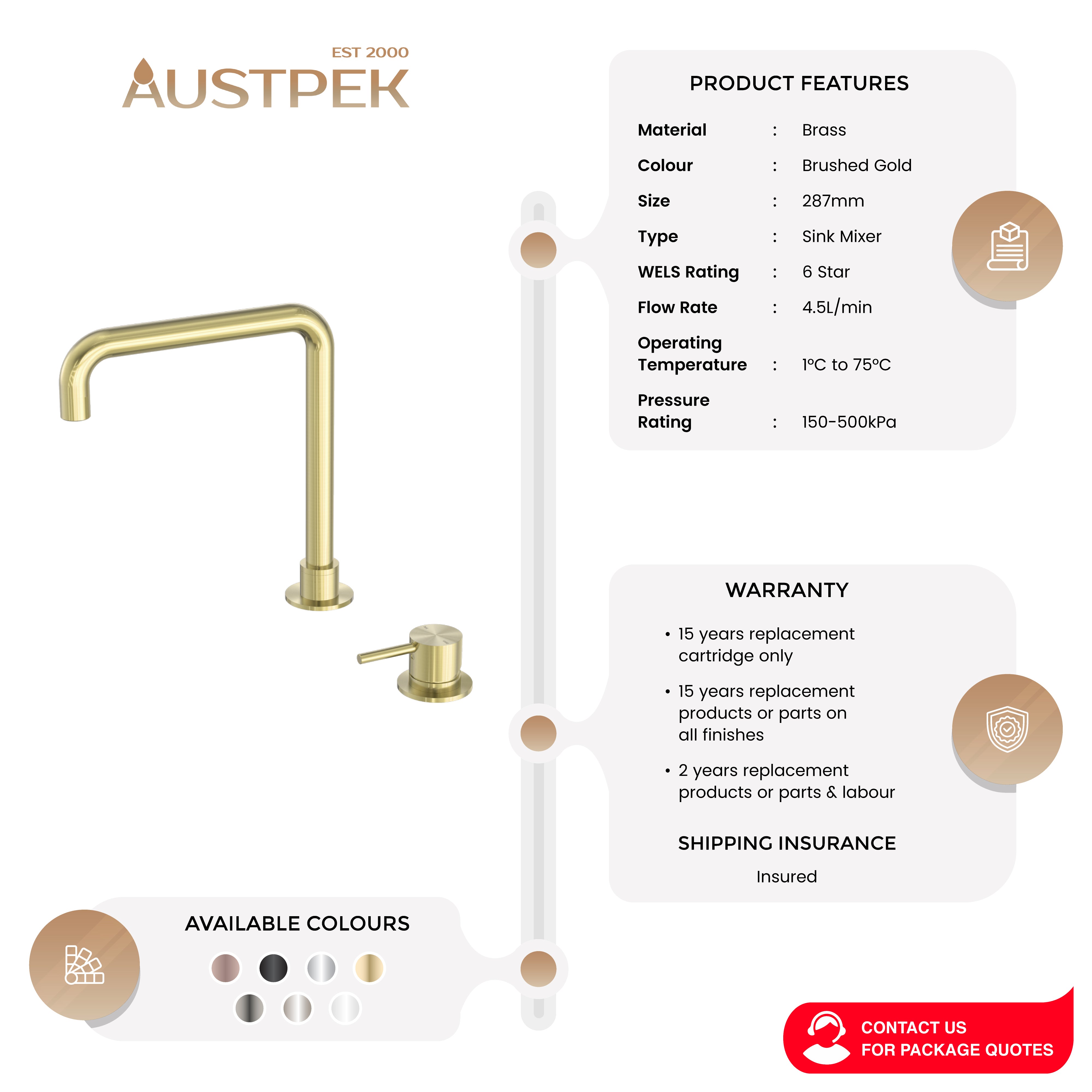 NERO MECCA HOB BASIN MIXER SQUARE SWIVEL SPOUT BRUSHED GOLD