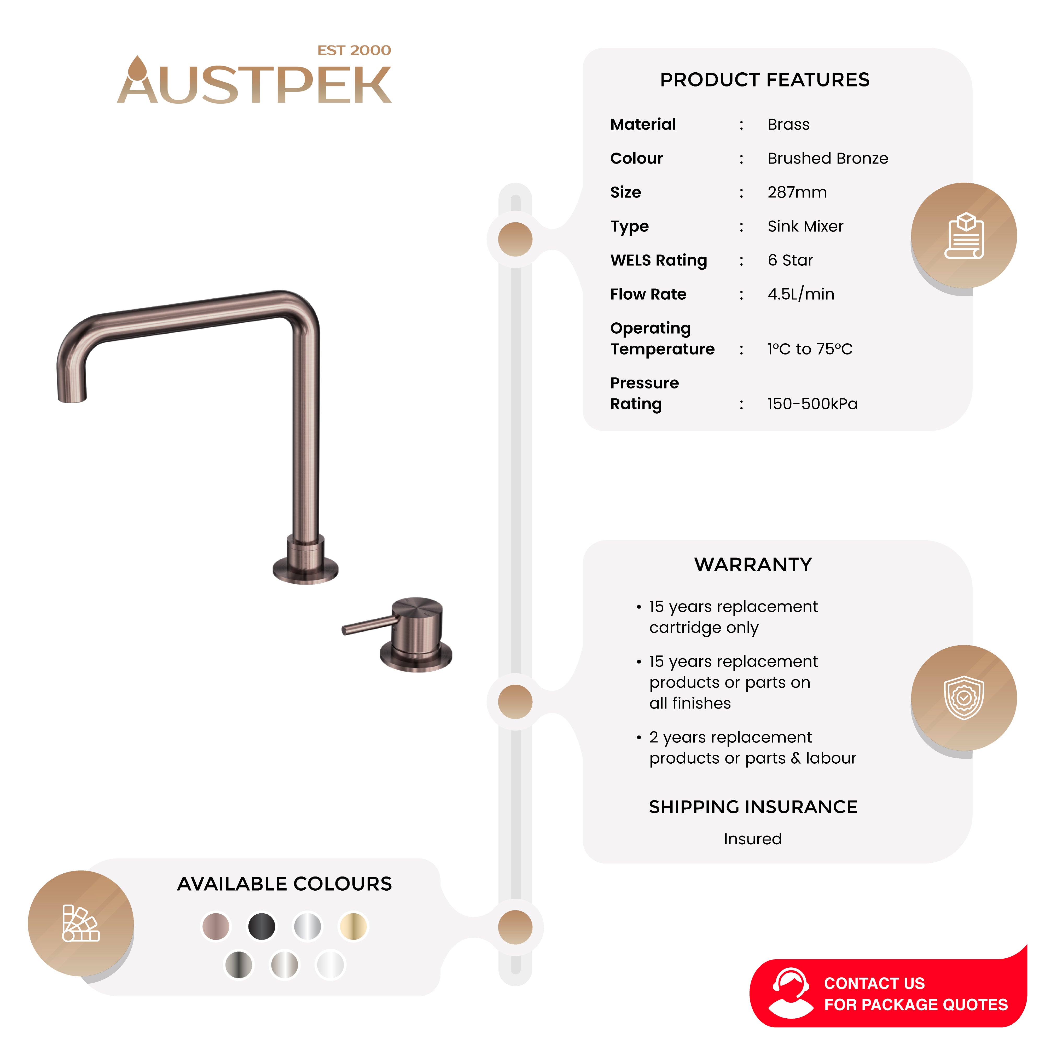 NERO MECCA HOB BASIN MIXER SQUARE SWIVEL SPOUT BRUSHED BRONZE