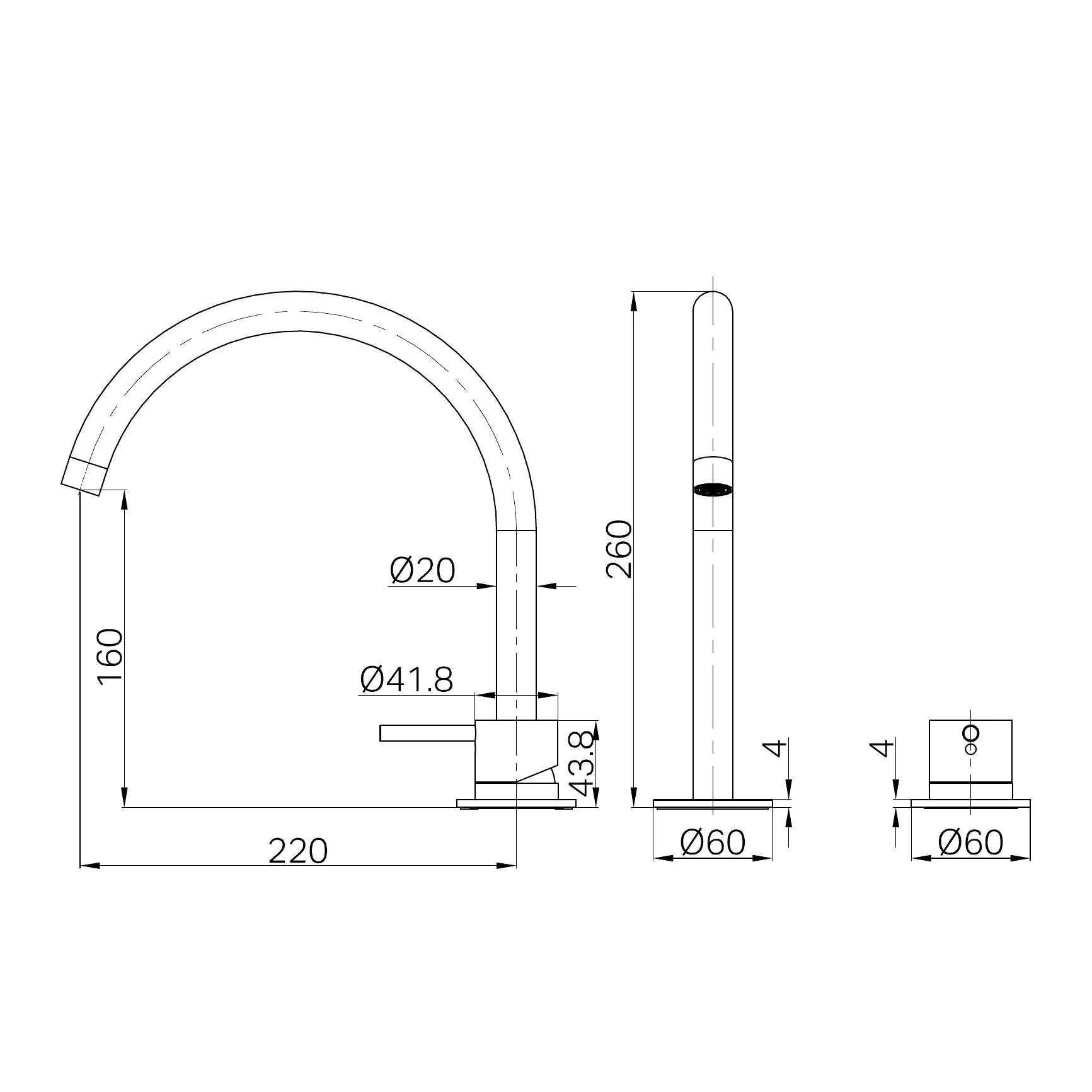 NERO MECCA HOB BATH/KITCHEN MIXER SET ARC SPOUT technical drawing