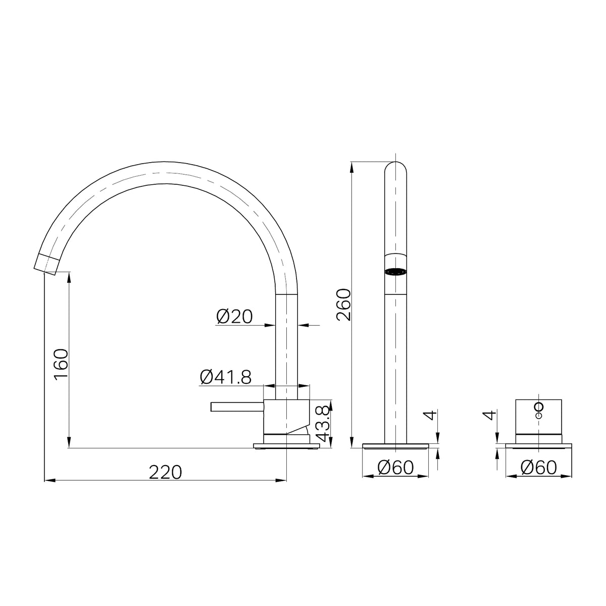 NERO MECCA HOB BATH/KITCHEN MIXER SET ARC SPOUT technical drawing