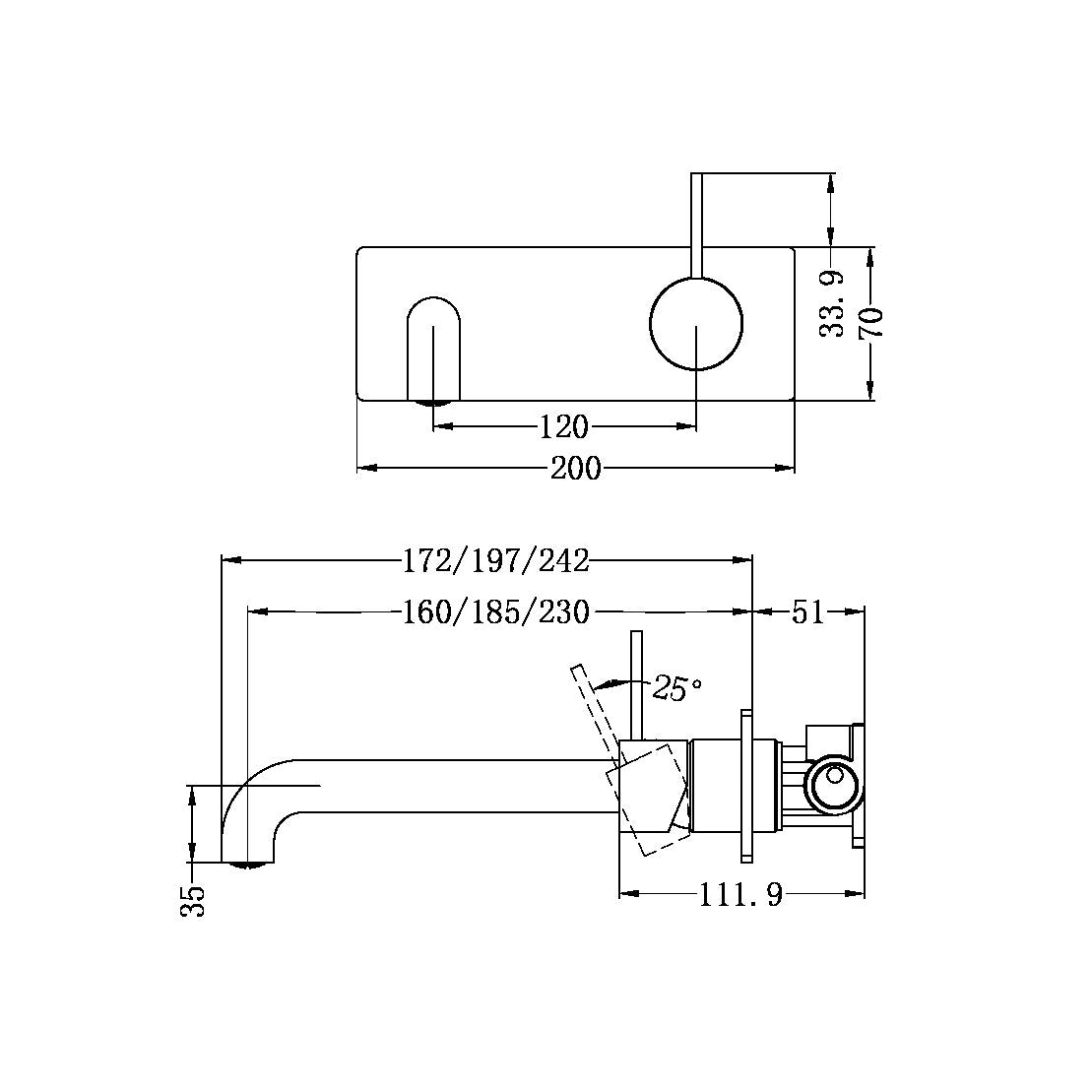 NERO MECCA WALL BASIN/BATH MIXER HANDLE UP BRUSHED GOLD (AVAILABLE IN 185MM AND 230MM)