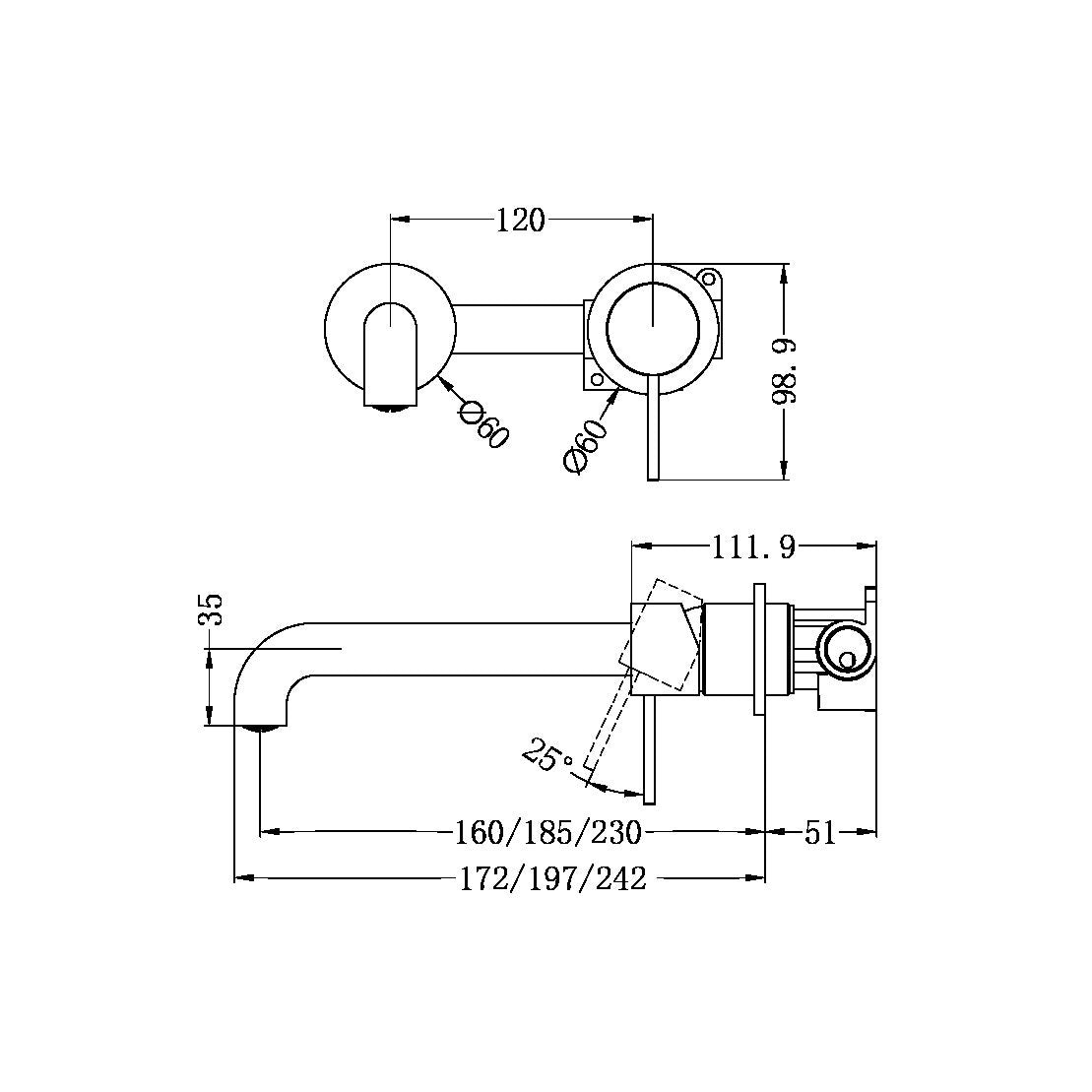 NERO MECCA WALL BASIN/BATH MIXER WITH SEPARATE BACKPLATE 230MM CHROME