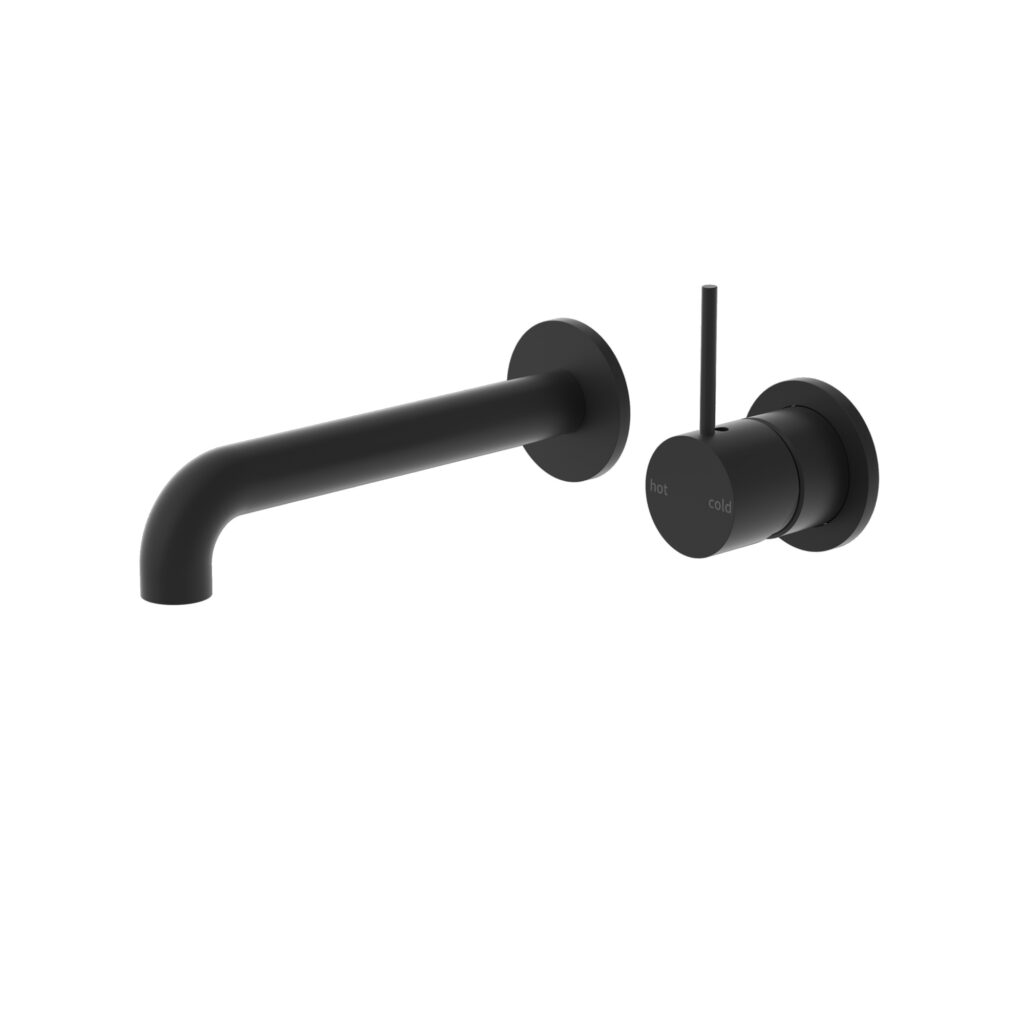 NERO MECCA WALL BASIN/BATH MIXER WITH SEPARATE BACK PLATE HANDLE UP 185MM MATTE BLACK
