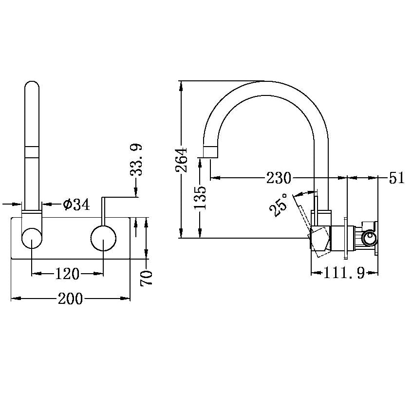 NERO MECCA WALL BASIN/BATH MIXER SWIVEL SPOUT HANDLE UP 264MM GUN METAL