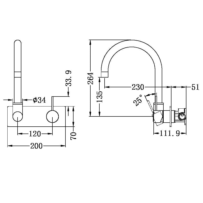NERO MECCA WALL BASIN/BATH MIXER SWIVEL SPOUT HANDLE UP 264MM BRUSHED BRONZE
