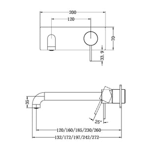 NERO MECCA WALL BASIN / BATH MIXER BRUSHED GOLD (AVAILABLE IN 120MM, 160MM, 185MM, 230MM AND 260MM)