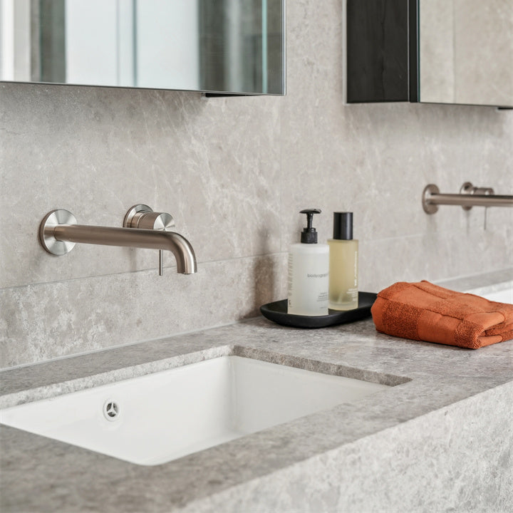 NERO MECCA WALL BASIN/BATH MIXER WITH SEPARATE BACK PLATE BRUSHED NICKEL (AVAILABLE IN 120MM,160MM,185MM, 230MM AND 260MM)