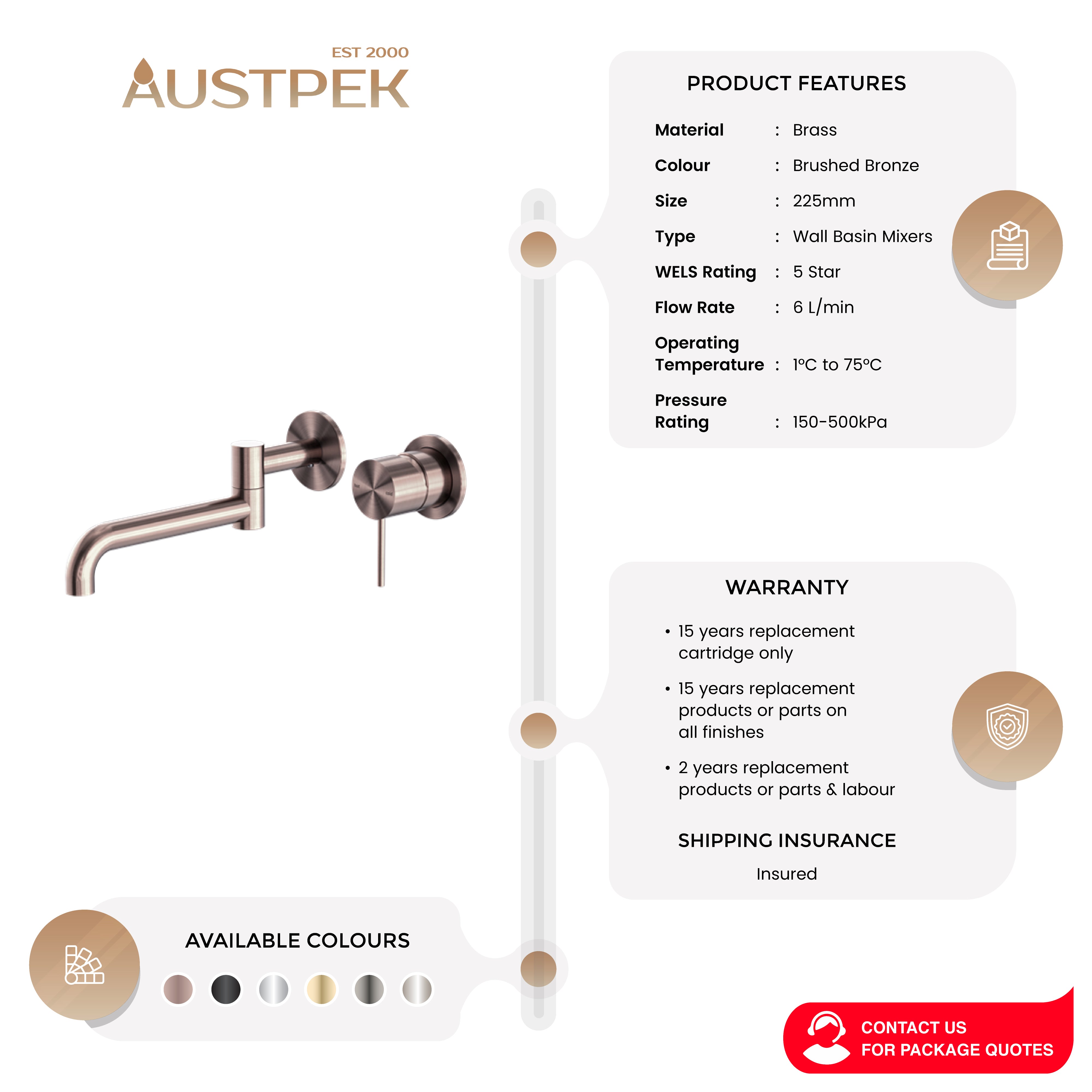 NERO MECCA WALL BASIN / BATH MIXER SWIVEL SPOUT BRUSHED BRONZE