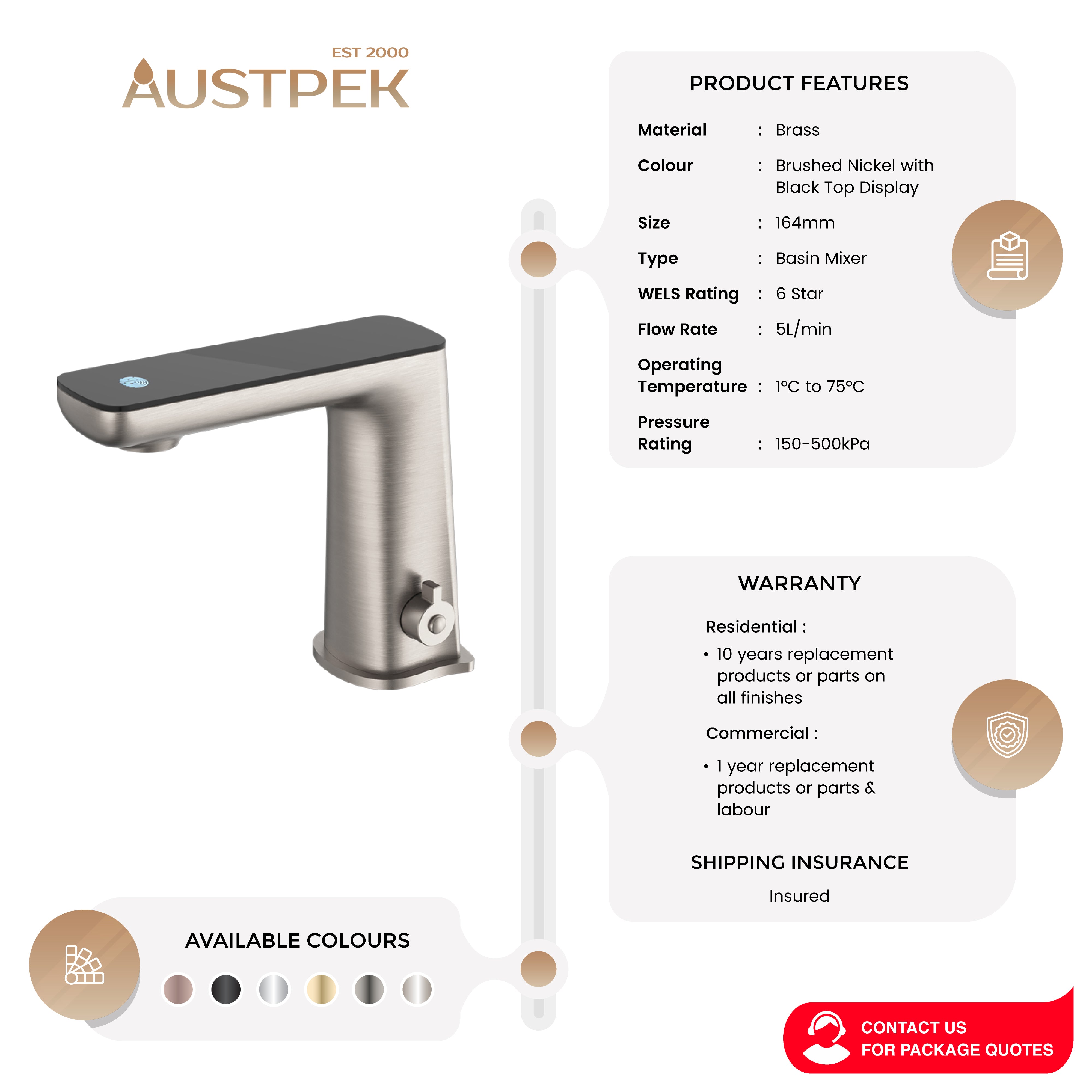 NERO CLAUDIA SENSOR MIXER WITH BLACK TOP DISPLAY 164MM BRUSHED NICKEL