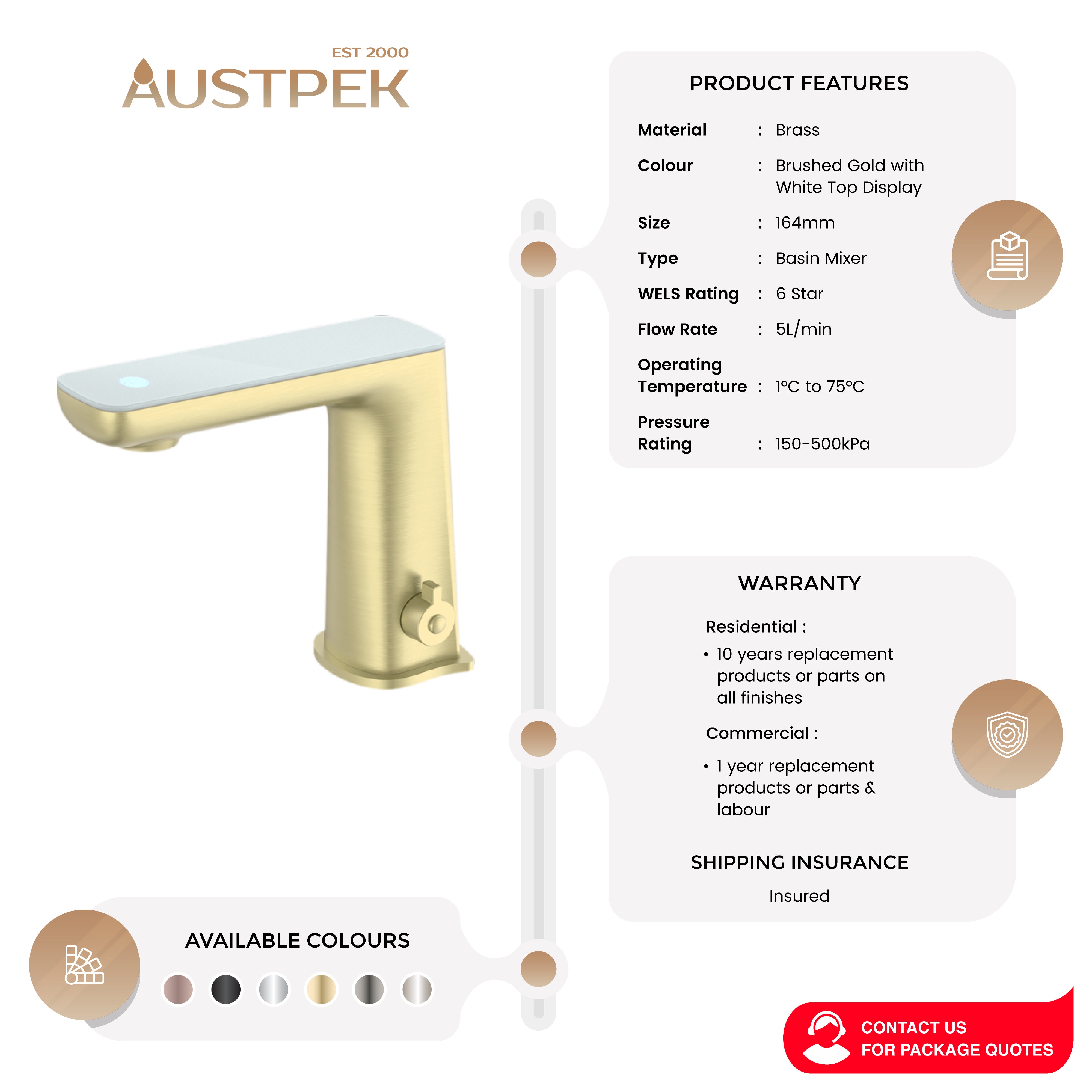 NERO CLAUDIA SENSOR MIXER WITH WHITE TOP DISPLAY 164MM BRUSHED GOLD