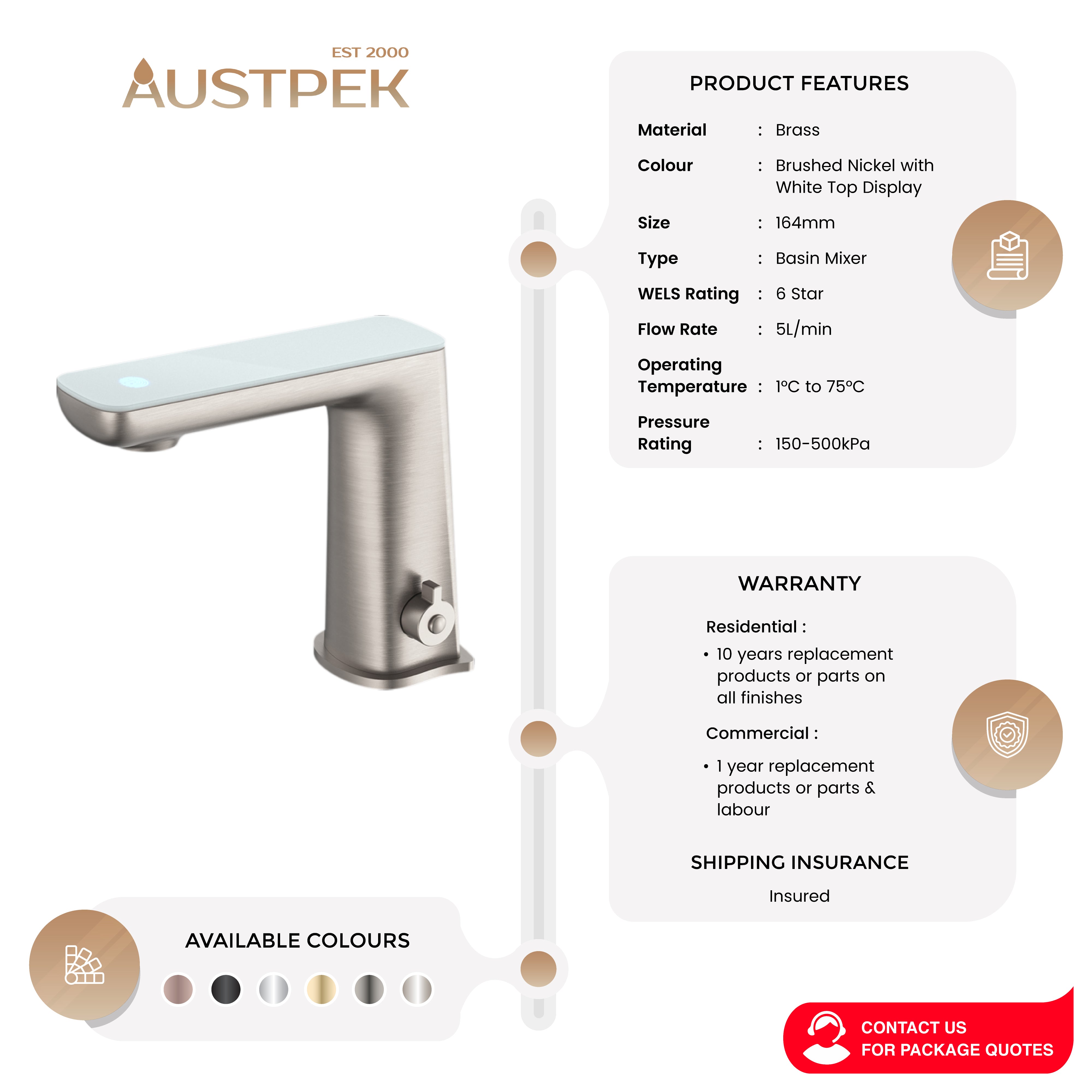 NERO CLAUDIA SENSOR MIXER WITH WHITE TOP DISPLAY 164MM BRUSHED NICKEL