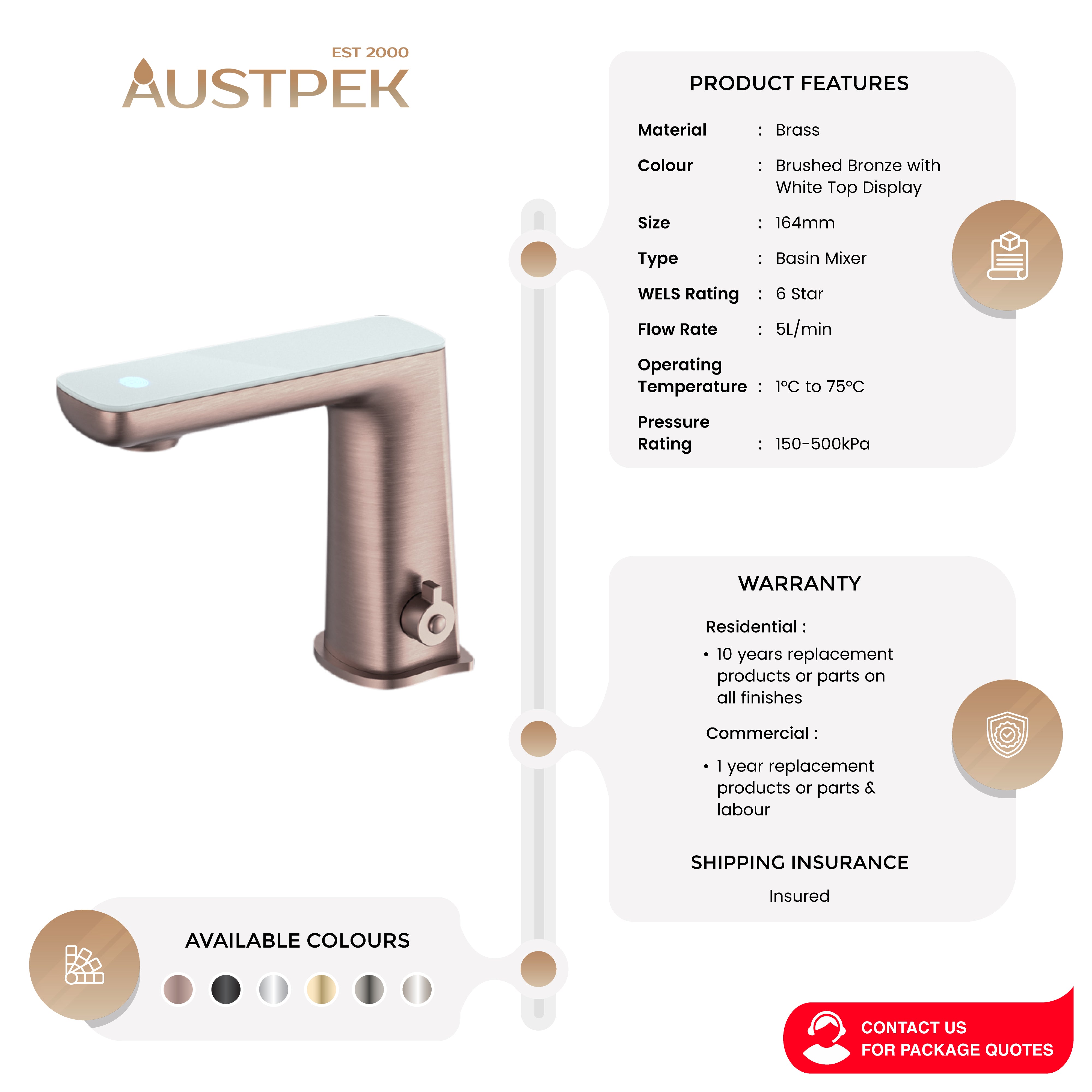 NERO CLAUDIA SENSOR MIXER WITH WHITE TOP DISPLAY 164MM BRUSHED BRONZE