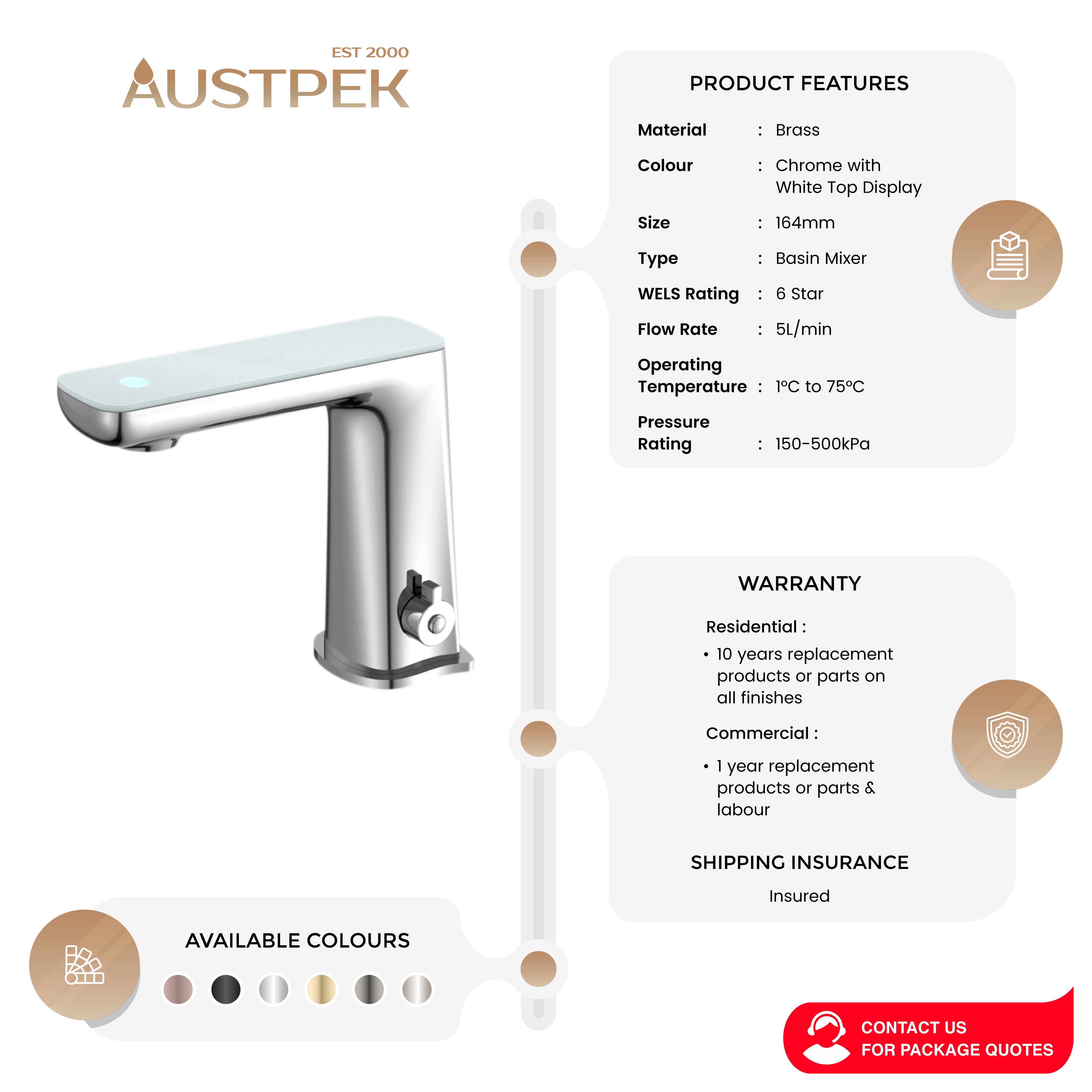 NERO CLAUDIA SENSOR MIXER WITH WHITE TOP DISPLAY 164MM CHROME