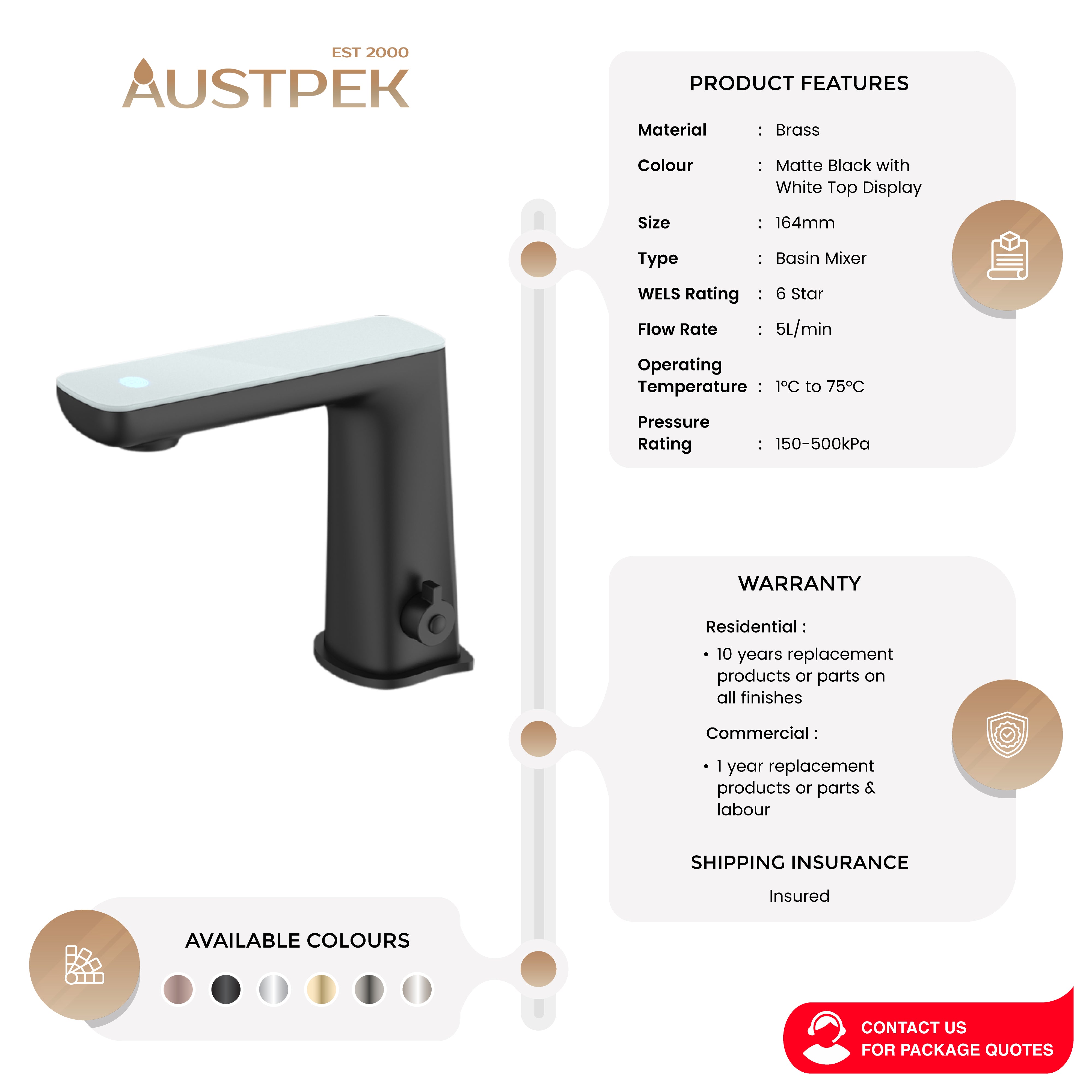 NERO CLAUDIA SENSOR MIXER WITH WHITE TOP DISPLAY 164MM MATTE BLACK