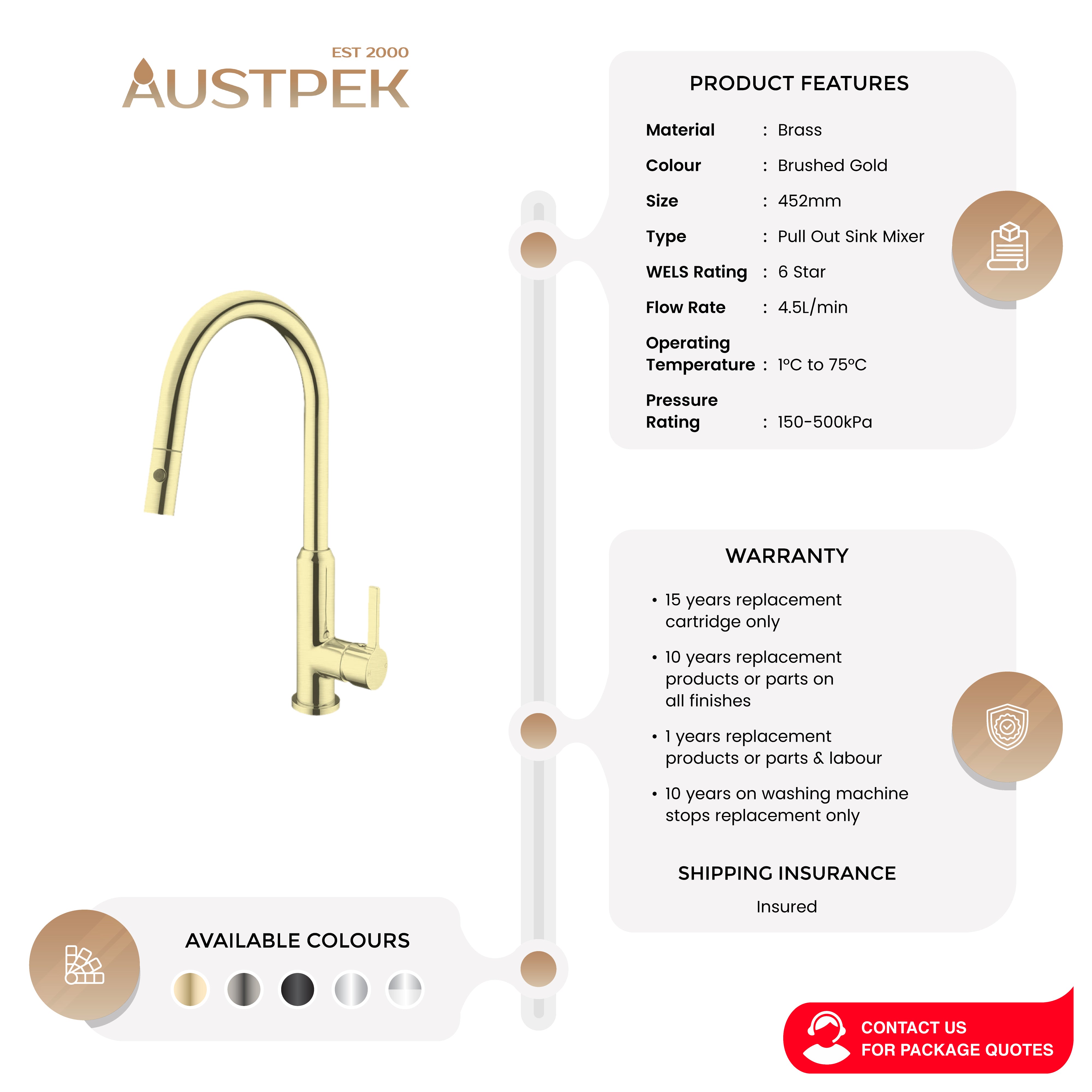 NERO PEARL SPRAY PULL OUT SINK MIXER 452MM BRUSHED GOLD