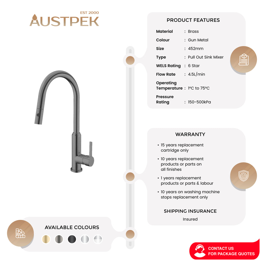 NERO PEARL SPRAY PULL OUT SINK MIXER 452MM GUN METAL