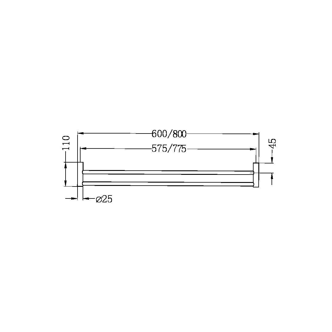 NERO MECCA DOUBLE NON-HEATED TOWEL RAIL MATTE BLACK (AVAILABLE IN 600MM AND 800MM)