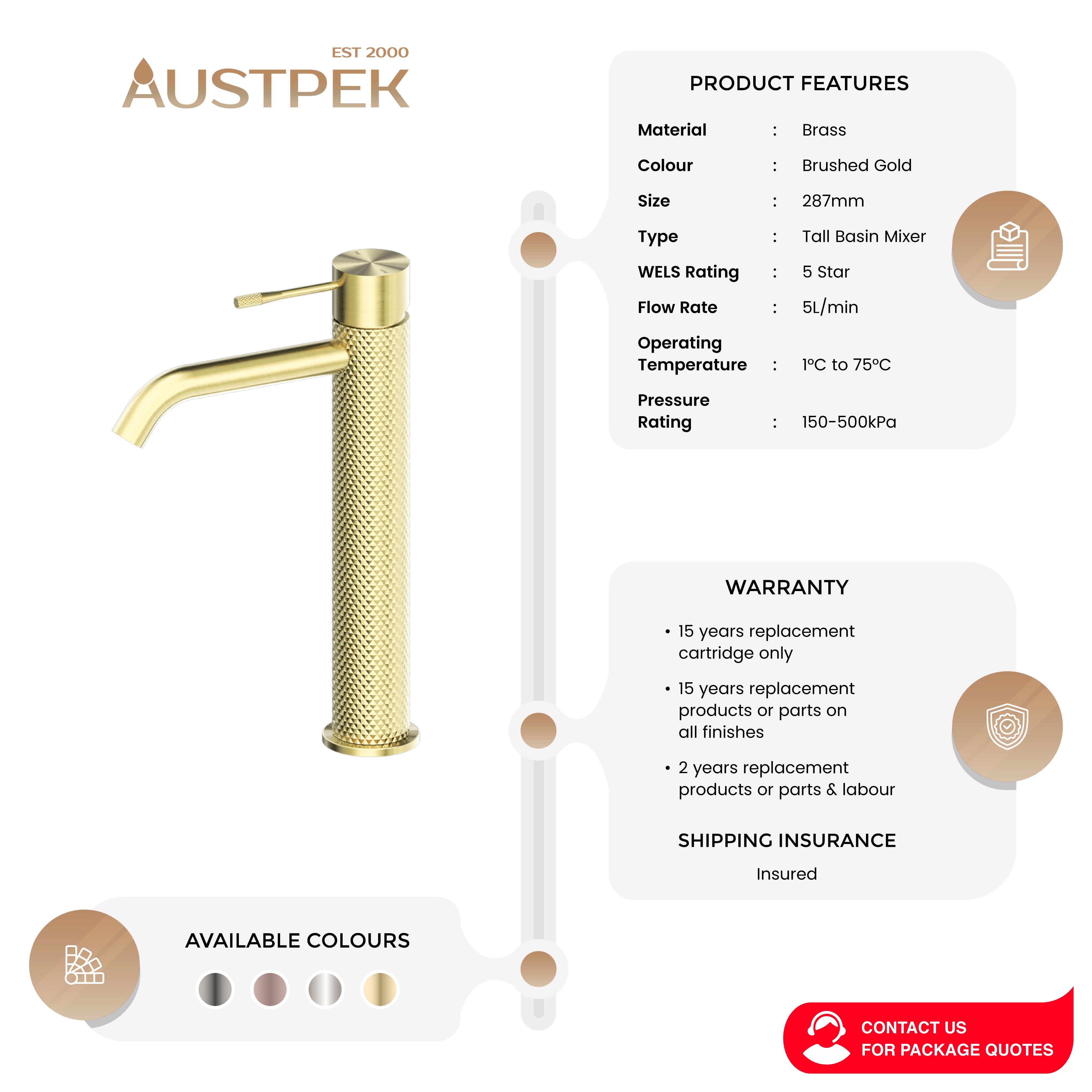 NERO OPAL TALL BASIN MIXER 287MM BRUSHED GOLD