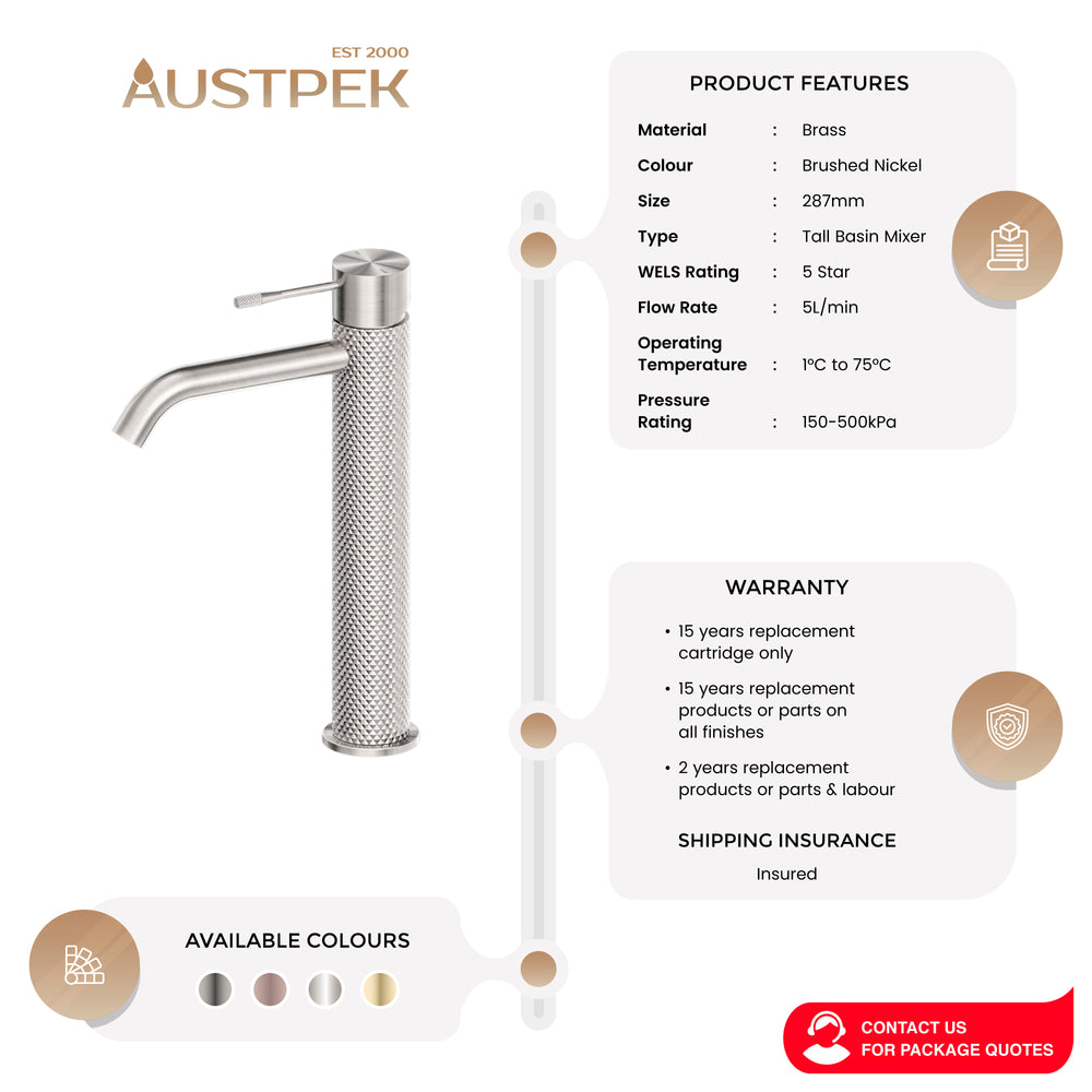 NERO OPAL TALL BASIN MIXER 287MM BRUSHED NICKEL
