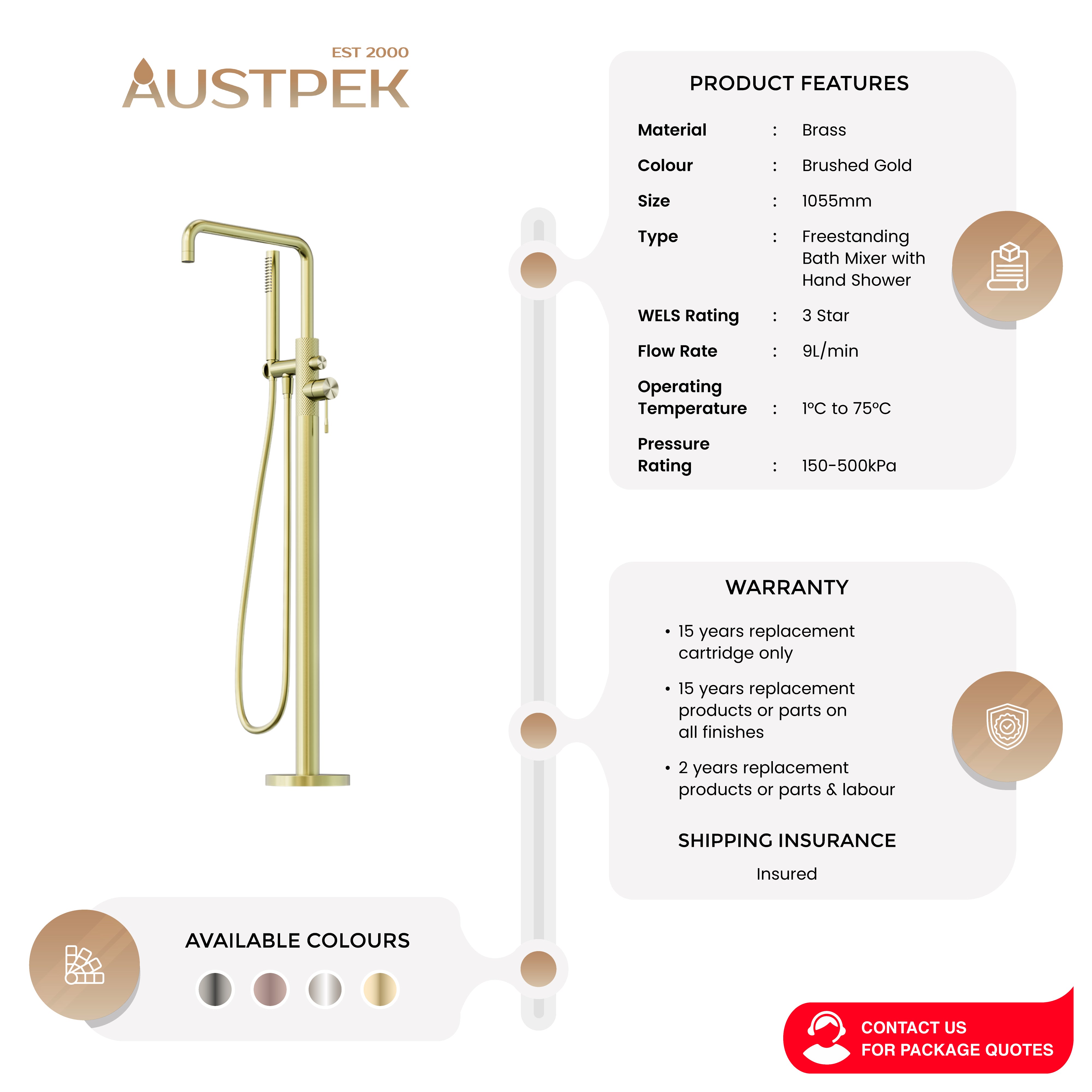 NERO OPAL FREESTANDING BATH MIXER WITH HAND SHOWER 1055MM BRUSHED GOLD