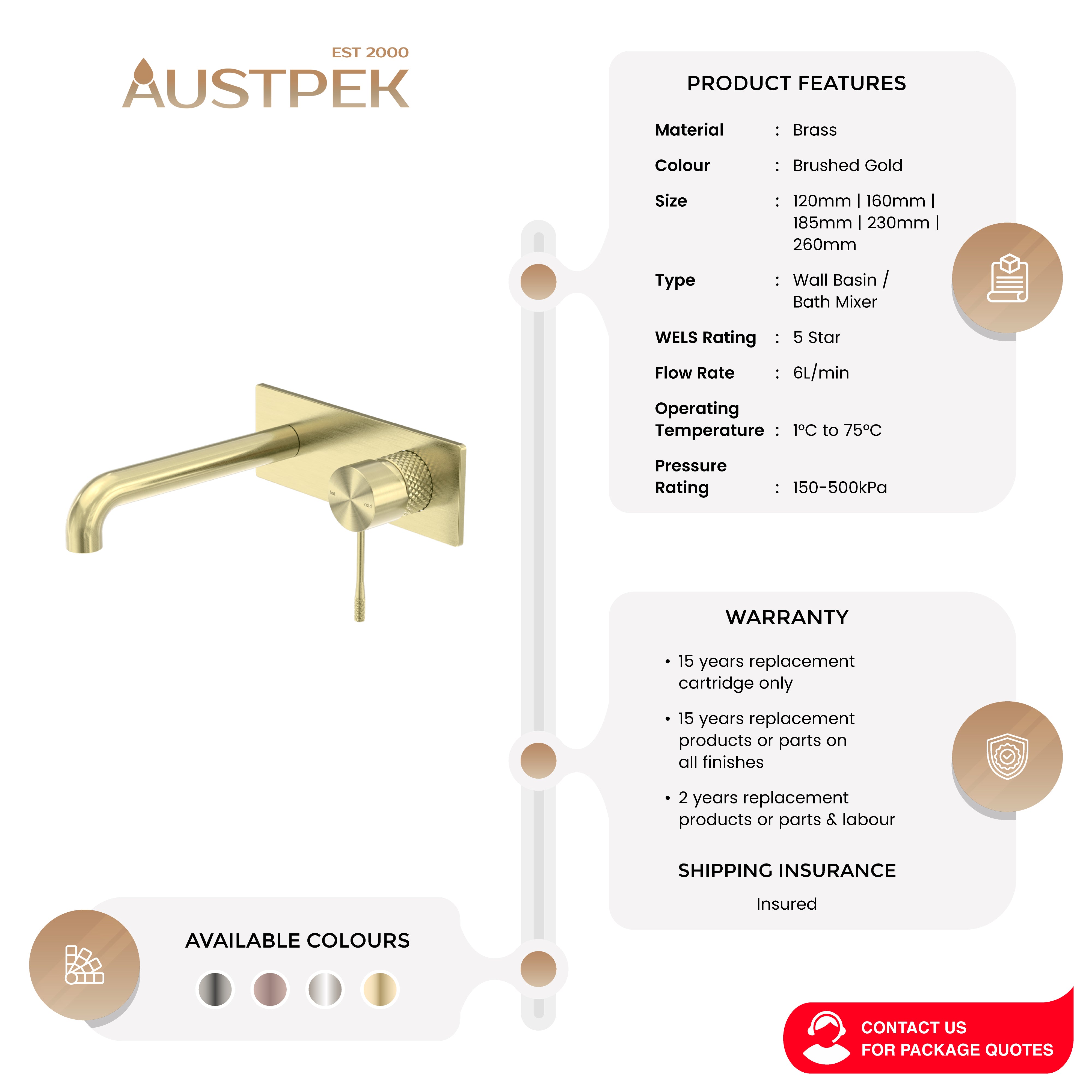 NERO OPAL WALL BASIN/ BATH MIXER BRUSHED GOLD (AVAILABLE IN 120MM, 160MM, 185MM, 230MM AND 260MM)